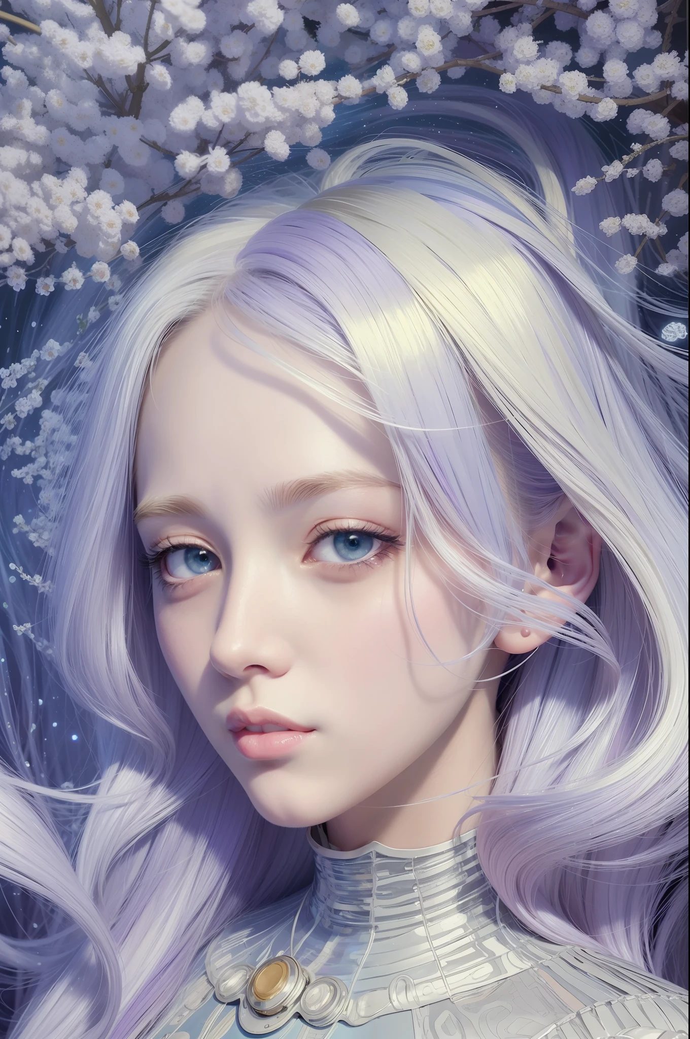 Masterpiece, best quality, 4k, UHD, mishoujo, painting, beautiful eyes and detailed face, illustration, beautiful detail, high resolution illustration, glowing_white_particles, 1girl, white hair, lilac eyes, short side tail,, deadpan, cyberpunk, tech suit, (Impressionist: 1.4), Vincent van Gogh --v 6