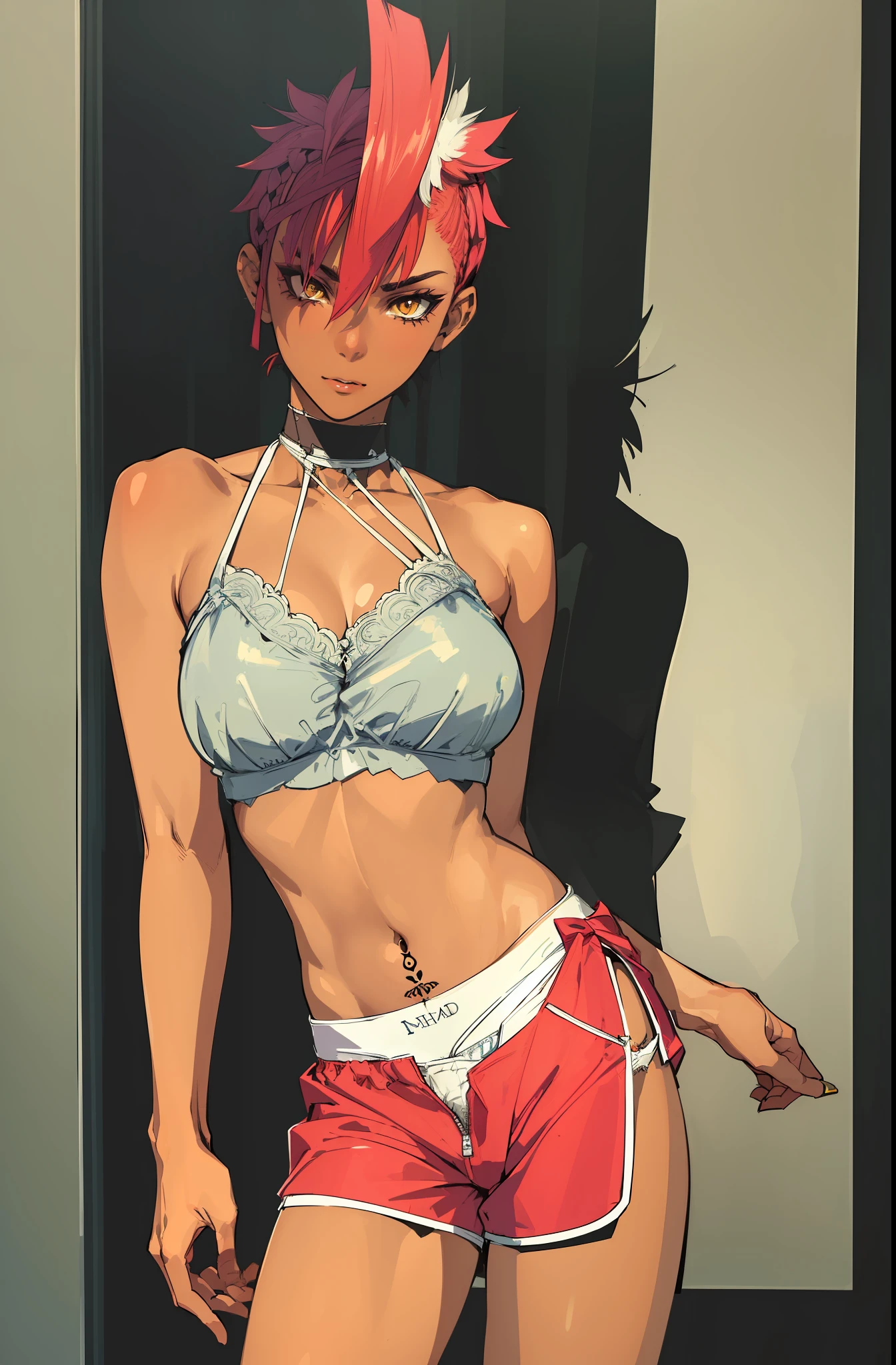 Solo, Boxer, Top quality, Masterpiece, Highly detailed CG, Highly detailed 8K wallpaper, Bird's eye view, Highly detailed character, Standing upright, Side view (very detailed and beautiful portrait), Medium bust, Beautiful lines , sheer bra, shift boxer shorts, open legs, zipper open, underwear shift, see-through bra, portrait, solo, clear focus, (((side shaved hair))), dark-skinned tomboy girl, woman butler, navel piercing, tattoo under eye, short hair, yellow eyes, detailed close-up portrait,