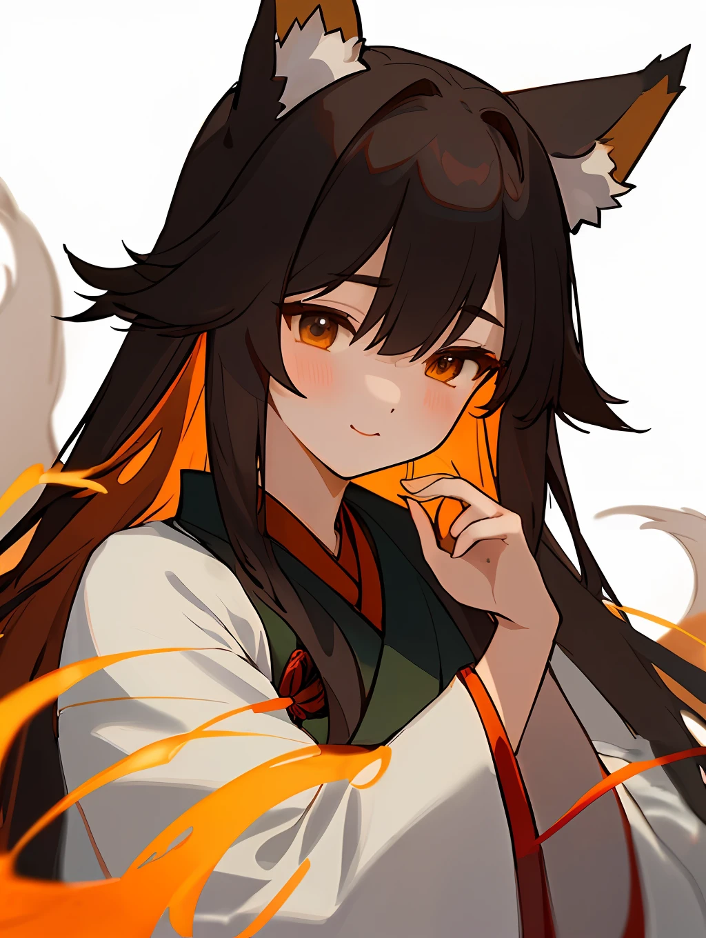 Chinese style flat illustration, fox demon shape, fox ears and fox tail, Ming Dynasty Hanfu, gentle and elegant temperament, movie feel, Japanese otome game style, ultra high definition, 8K, best quality, super detailed, blank ink style, exquisite details , big eyes and double eyelids, Rembrandt lighting style, ancient Chinese artist Qiu Ying style, martial arts elements, white background, close-up, a sense of calm and tranquility. --ar 3:4 --q2 --niji 5, premium quality, sharp, detailed hand