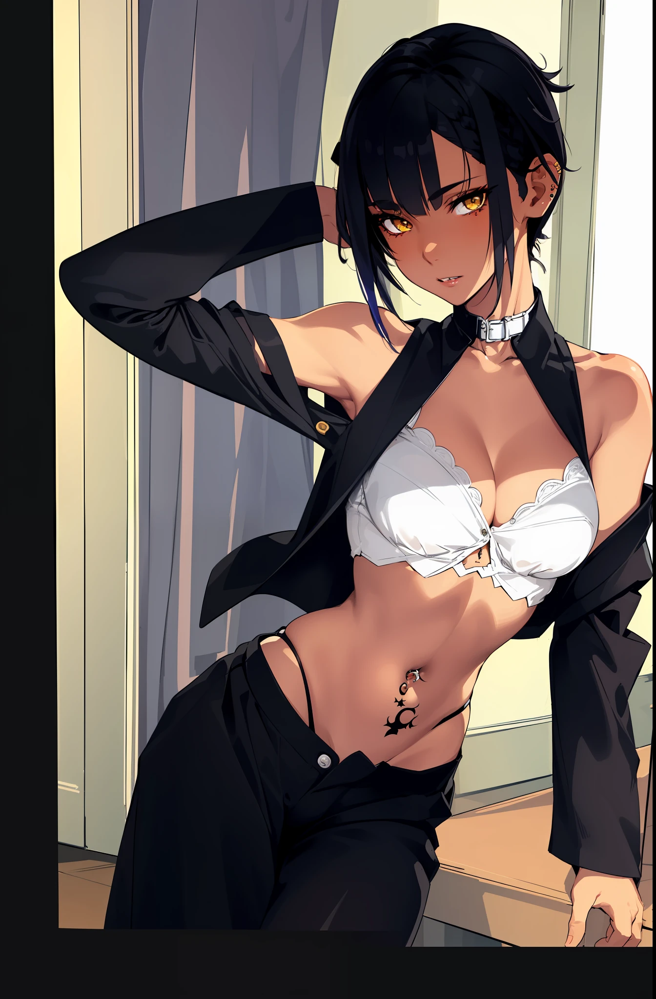 Solo, Top quality, Masterpiece, Highly detailed CG, Highly detailed 8K wallpaper, Bird's eye view, Highly detailed character, Standing straight, Side view (very detailed and beautiful portrait), Japanese high school uniform, Tight collar Jacket, front button, shift black slacks, zipper open, underwear shift, see-through bra, portrait, solo, clear focus, (((side shaved hair))), dark-skinned tomboy girl, female butler, navel piercings, tattoos under eyes, short hair, yellow eyes, detailed close-up portraits,