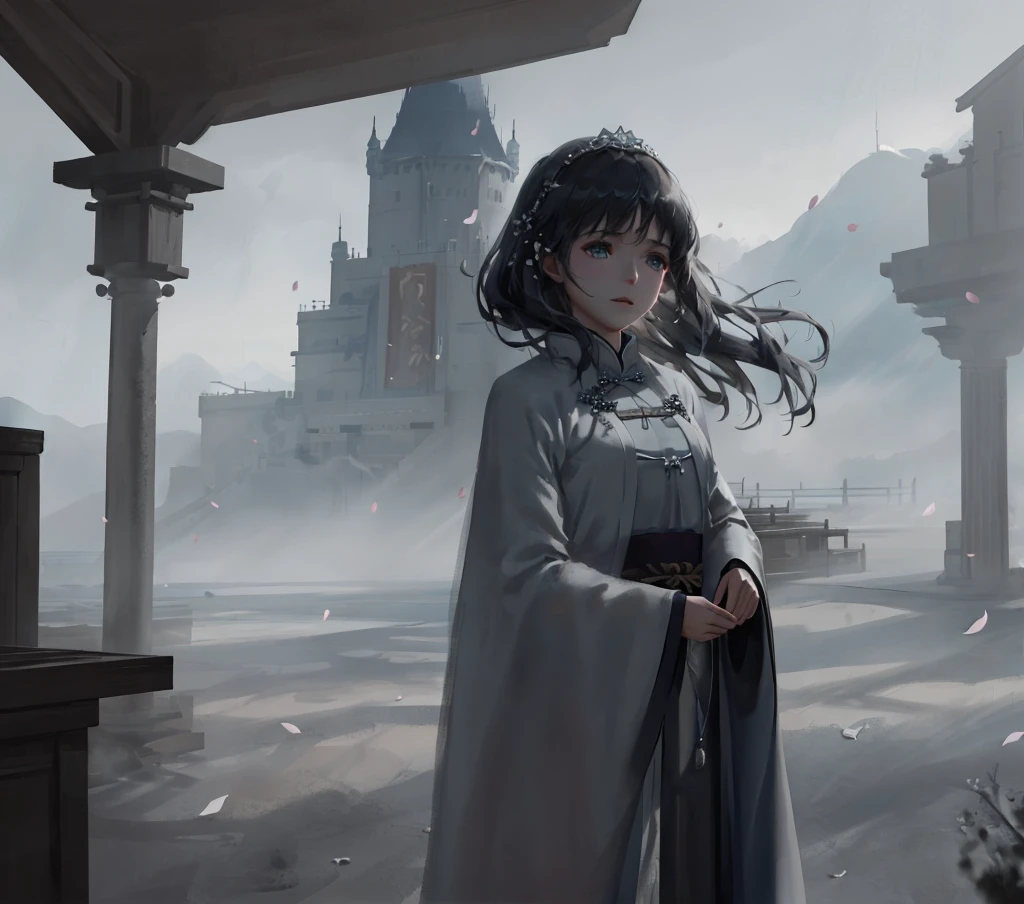 [hyper realistic:(unreal engine):realistic:,0.5,0.99:bezier], petite 1girl,(beautiful delicate face),(Sky), clouds (petals: 1.2), ancient chinese princess, (Song Dynasty), cloak, cloak, oiled skin, upper body, looking at viewer, Hairpins, twisted hair, beautiful dress, (volumetric lighting), atmospheric perspective, dust particles, light shaft,(e_foxy:0.7), m_wlop, (e_landscape:0.7)
