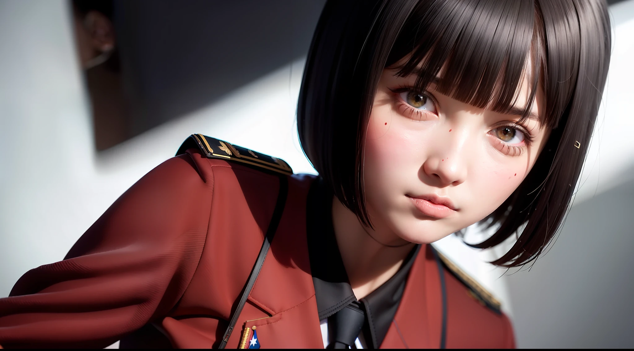 Highest resolution, semi-realistic, realistic detail, woman, petite, black hair, short bob haircut, bangs, black eyes, wearing official clothes, uniform, outerwear, white coat, dress. red inside,serious expression,serious,air force,war,government,war,science fiction,space