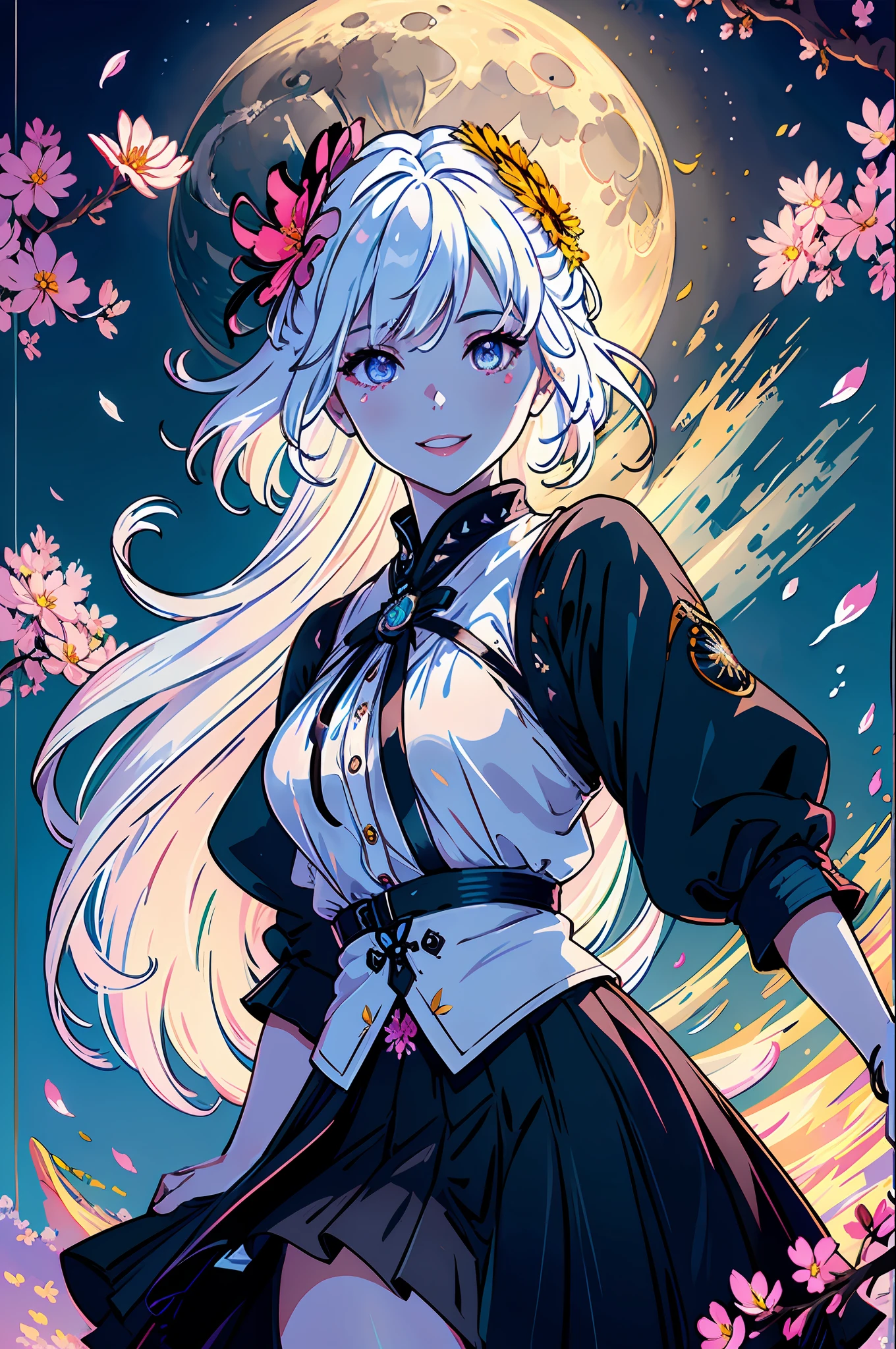 masterpiece, best quality,
1girl, (colorful),(finely detailed beautiful eyes and detailed face),cinematic lighting,bust shot,extremely detailed CG unity 8k wallpaper,white hair,solo,smile,intricate skirt,((flying petal)),(Flowery meadow)
sky, cloudy_sky, building, moonlight, moon, night, (dark theme:1.3), light, fantasy,