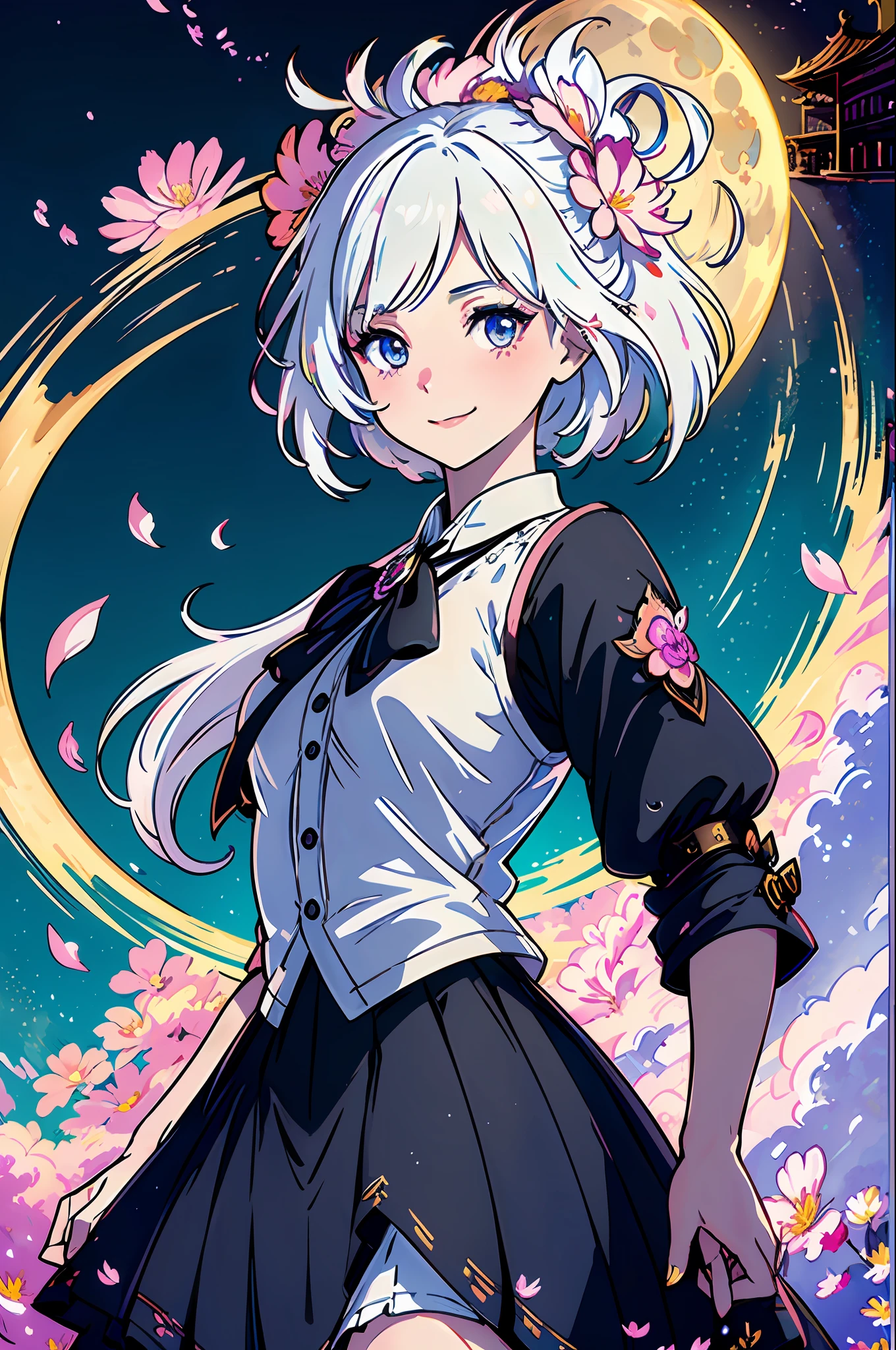 masterpiece, best quality,
1girl, (colorful),(finely detailed beautiful eyes and detailed face),cinematic lighting,bust shot,extremely detailed CG unity 8k wallpaper,white hair,solo,smile,intricate skirt,((flying petal)),(Flowery meadow)
sky, cloudy_sky, building, moonlight, moon, night, (dark theme:1.3), light, fantasy,