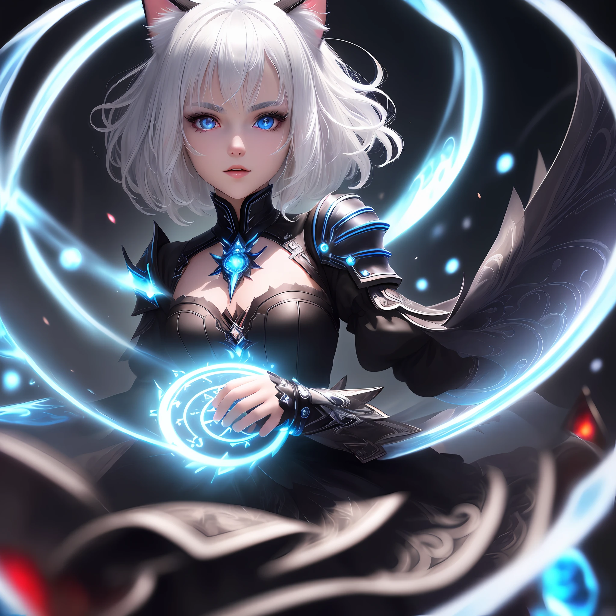 (masterpiece, best quality, ultra-detailed, best shadow), (detailed background,dark fantasy), (beautiful detailed face), high contrast, (best illumination, an extremely delicate and beautiful), ((cinematic light)), colorful, hyper detail, dramatic light, intricate details, (1 girl, solo,white hair, sharp face,blue and red eyes, hair between eyes,dynamic angle), swirling black light around the character, depth of field,black light particles,(broken ice),magic circle,cat girl,short hair, xenoblade, (heterochromia),cat ears