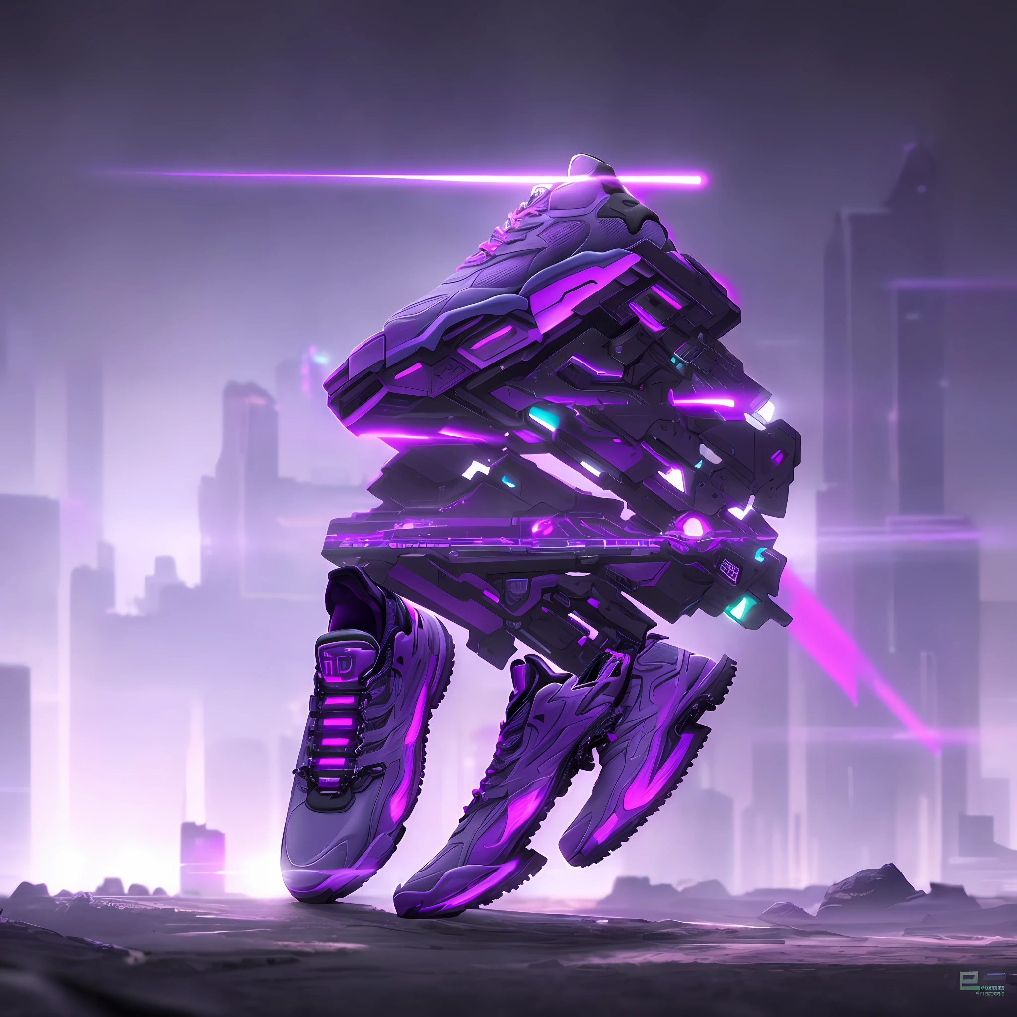product photography of cyberpunk light purple sneakers, epic render, octane, atmosphere, particles, soft volumetric lights, (backlit:1.3), (cinematic:1.3), intricate details, (ArtStation:1.3)