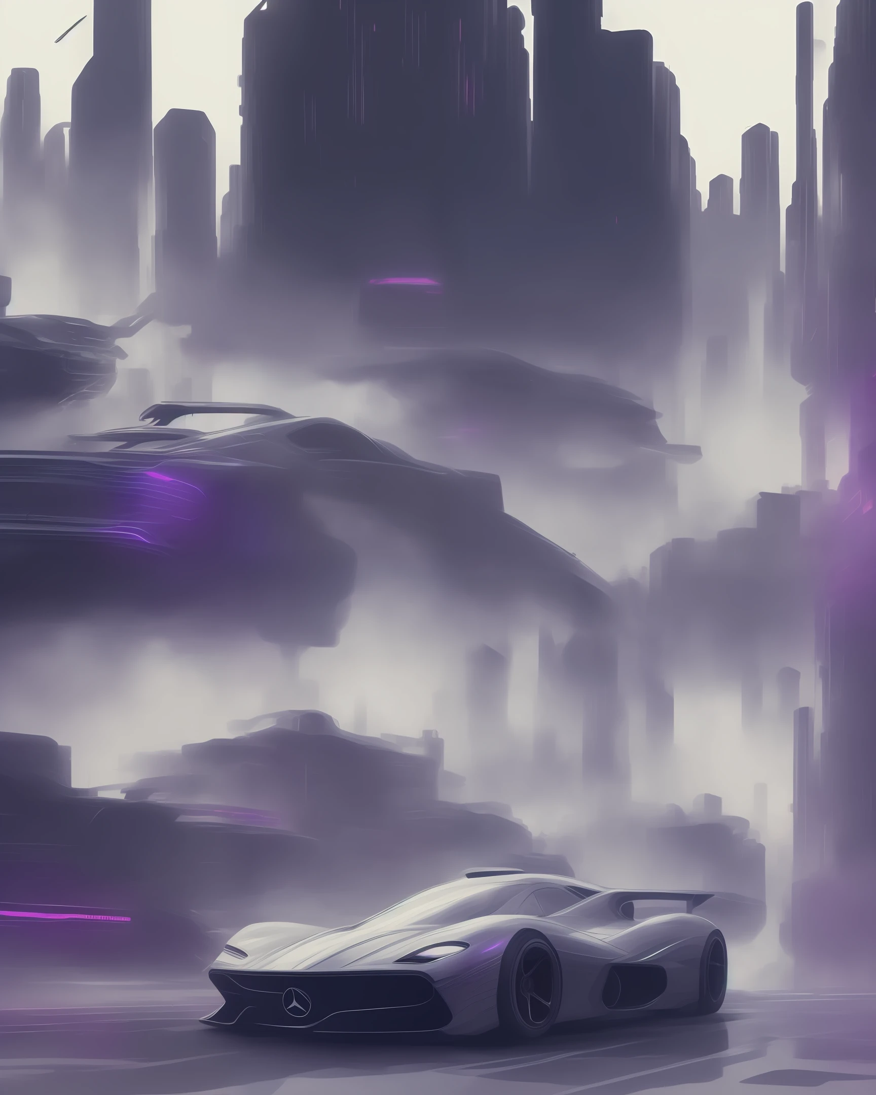 hypercars cyberpunk, muted colors ,swirling color smokes,legend,cityscape,space,mercedez benz