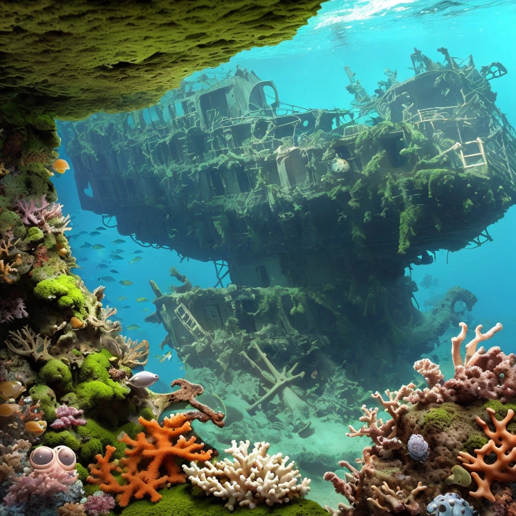 (a shipwreck) under the sea, (coral reefs, moss, undersea life), an octopus, a crab, (sunken treasures)