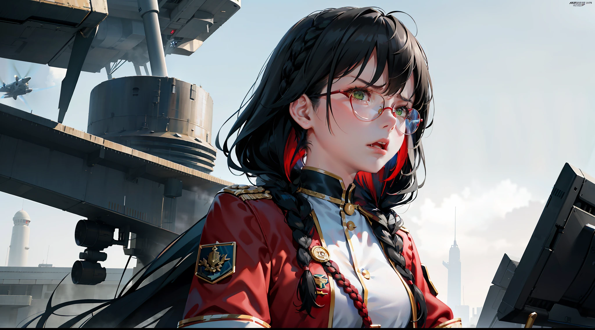 Highest resolution, semi-realistic, realistic detail, woman, petite, black hair, short double braids, bangs, green eyes, red glasses, wears official clothes, uniform, outer dress, colored coat. white,red undershirt,serious expression,angry,air force,war,government,war,science fiction,space