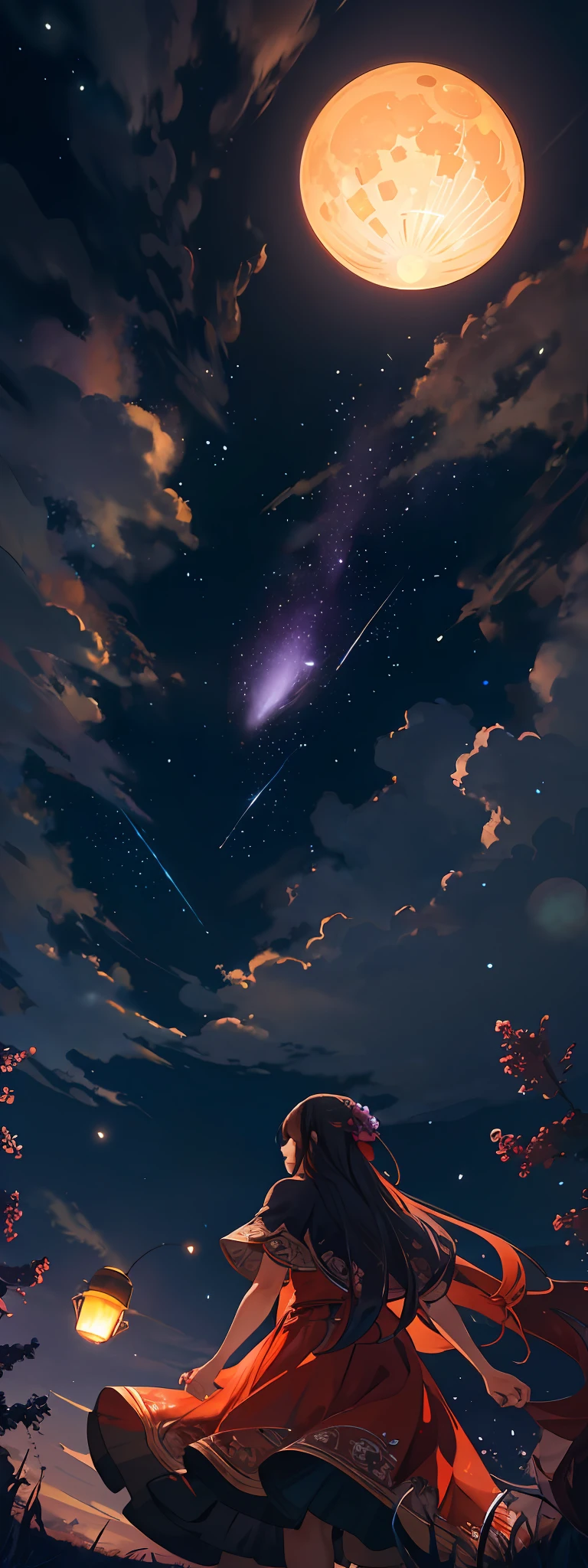 Vast landscape photo, (viewed from below, the sky is above and the open field is below), a girl standing on a flower field looking up, (full moon: 1.2), (meteor: 0.9), (nebula: 1.3), distant mountains , Trees BREAK Crafting Art, (Warm Light: 1.2), (Fireflies: 1.2), Lights, Lots of Purple and Orange, Intricate Details, Volumetric Lighting, Realism BREAK (Masterpiece: 1.2), (Best Quality), 4k, Ultra-Detailed, (Dynamic Composition: 1.4), Very Detailed, Colorful Details, (Rainbow Colors: 1.2), (Glow Lighting, Atmospheric Lighting), Dreamy, Magical, (Solo: 1.2)