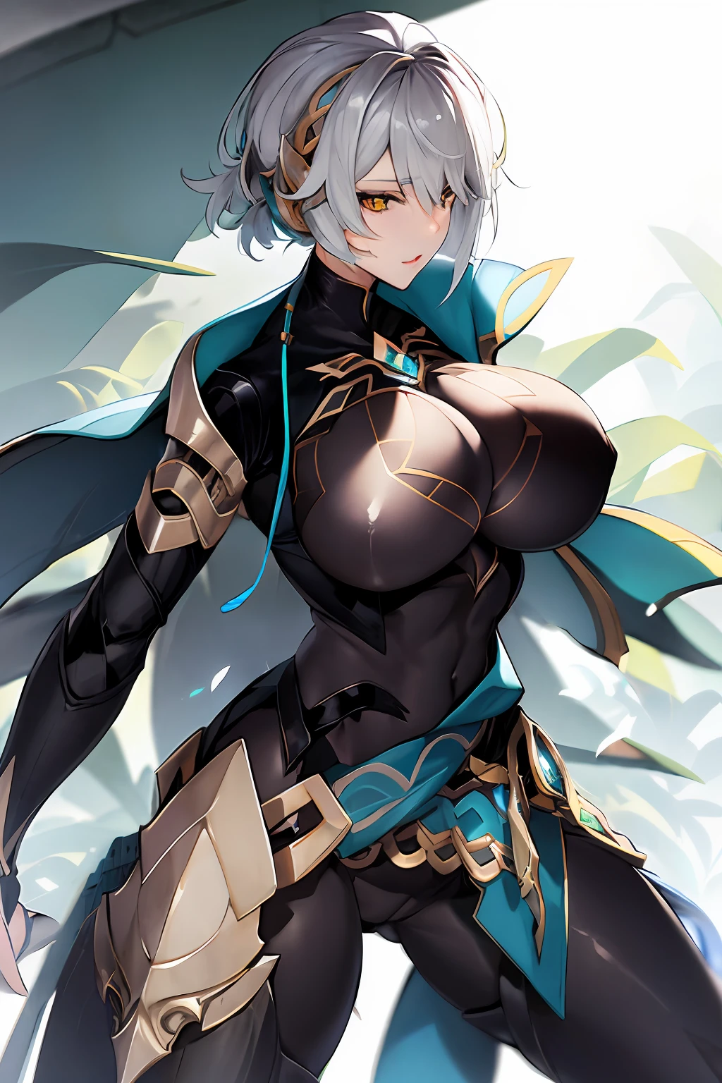 Silver hair, girl, armor, big breasts, two-dimensional, different-color pupils,