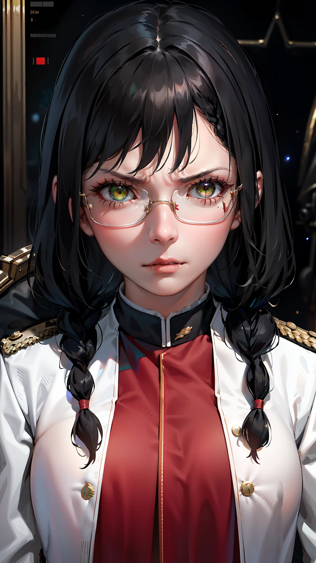 Highest resolution, semi-realistic, realistic detail, woman, petite, black hair, short double braids, bangs, green eyes, red glasses, wears official clothes, uniform, outer dress, colored coat. white,red undershirt,serious expression,angry,air force,war,government,war,science fiction,space