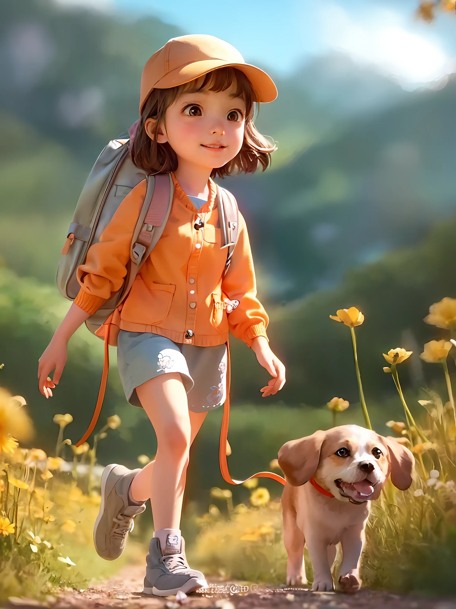 Tip: A very charming little girl with a backpack and her cute puppy enjoying a lovely spring outing surrounded by beautiful yellow flowers and nature. The illustration is a high-definition illustration in 4k resolution, featuring highly detailed facial features and cartoon-style visuals.