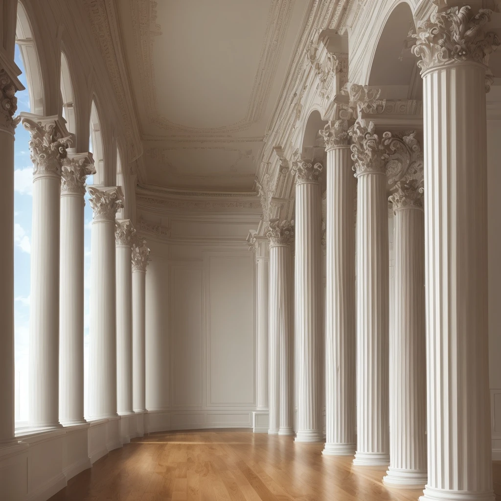 a room with columns and a clock on the wall,