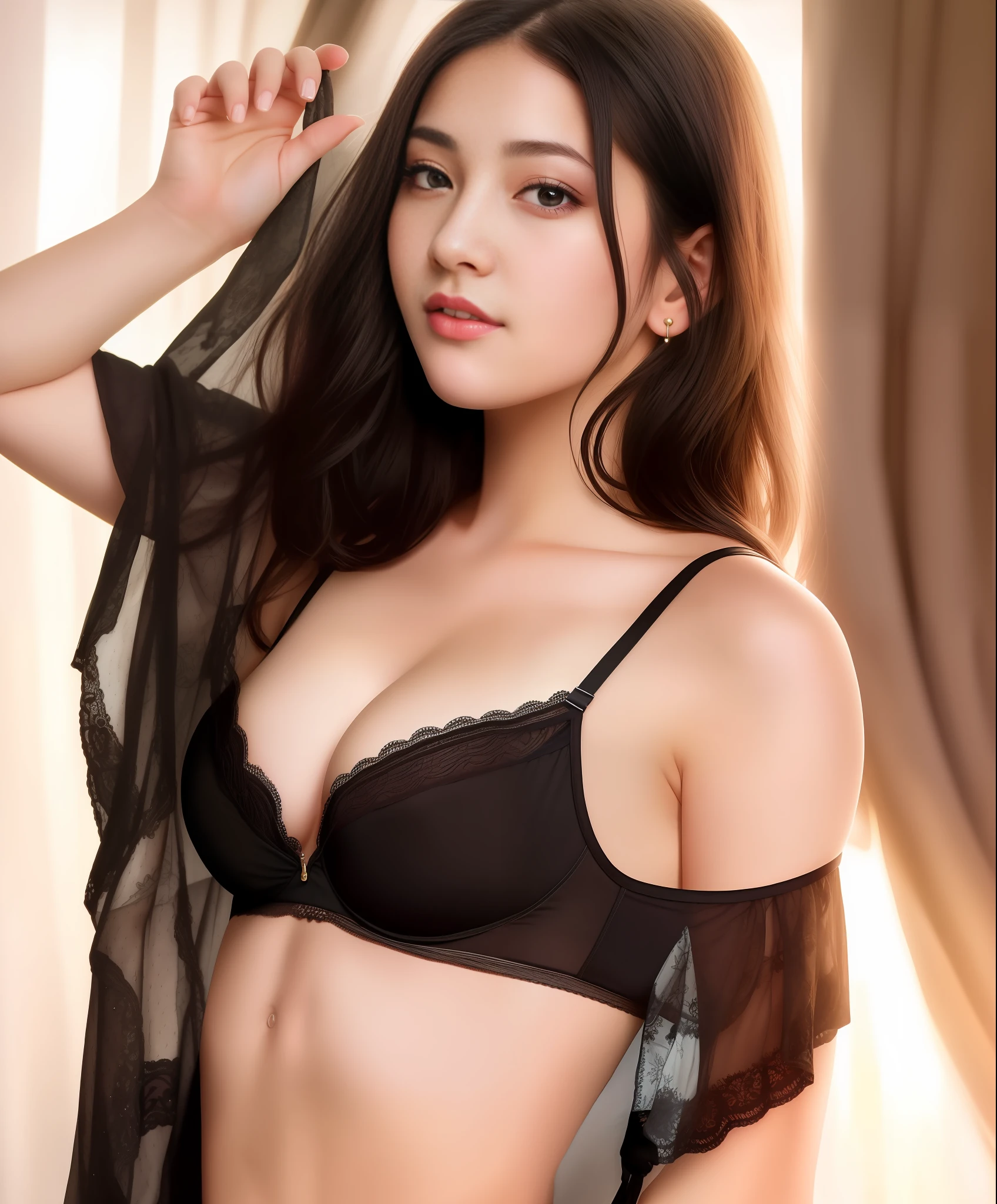 Highest quality, super high resolution, (photorealistic: 1.4), 1 girl, dark eyes, small lips, small nose, black hair, small breasts, D cup, black bra, black panties, shaved, small hips, growth period,