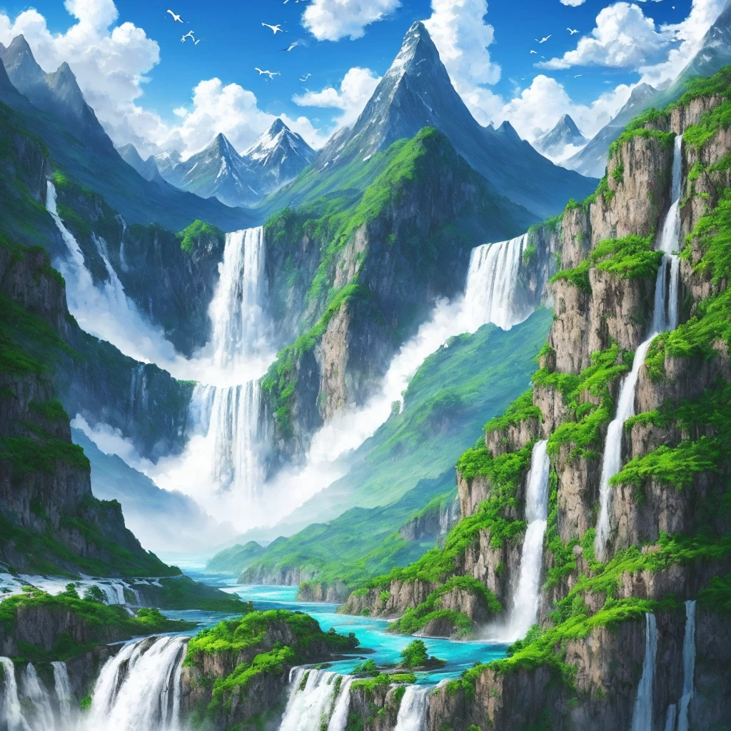 (Realistic landscape painting) + (blue sky) + (white clouds) + (mountain) + (water) + (waterfall) + (vegetation) + (birds) + (beautiful) + (healing) + (extreme details) + (high quality )+(8k art wallpaper), just like being in nature, with soft light and extreme plant details, warm and beautiful, bringing people a healing sensory enjoyment.