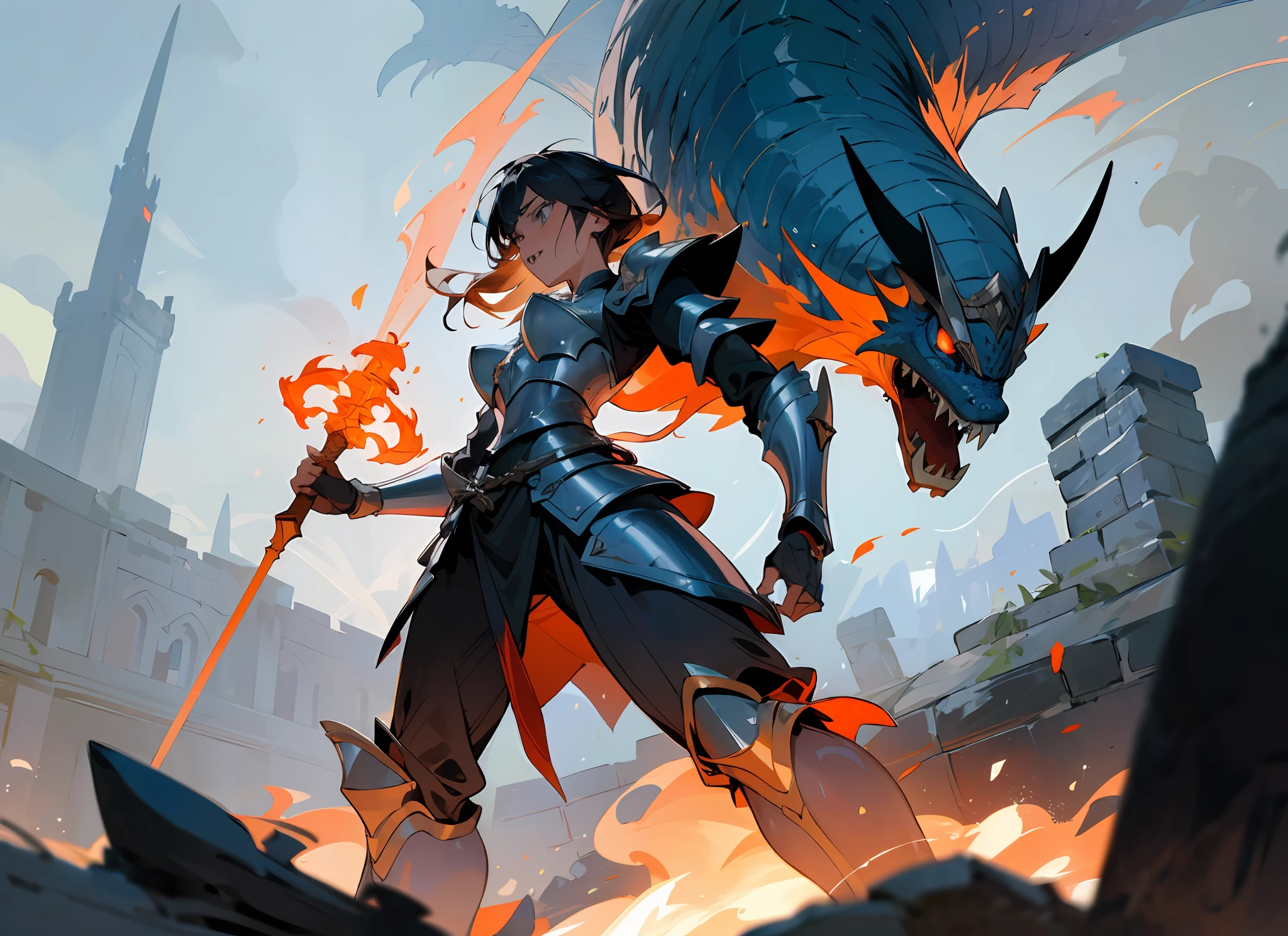 ((Best Quality)), ((Masterpiece)), ((Realistic)), ((Valkyrie)), Standing boldly before a roaring dragon's head, amidst a smoke-shrouded courtyard of a medieval fortress, due to the dragon's destructive flames shortly before the collapse stands. Debris and ash dance in the air as stray rays of moonlight find their way through the smoke into the courtyard, casting dramatic shadows. The Valkyrie, impressive in her detailed armour, her stance resolute, holds her sharp-forged spear ready to confront the dragon. Her helm reflects the flickering fire erupting from the dragon's head. Every piece of their armor and every element of their appearance speaks of their bravery and willingness to fight. The scorpion fish is a masterpiece in its own right, with bright, fierce eyes and sharp teeth protruding from its wide-open maw. Smoke and sparks rise from its nostrils, creating an ominous aura. Its mighty scales gleam in the dim moonlight, every detail testifying to its fearsome presence. The entire scene is lit by the flickering flames that eat away at the stonework of the once-proud fortress. One can clearly see the rough masonry, the cracks in the stones and the dust rising from the collapsing walls. Eye to eye, quaint, masterpiece