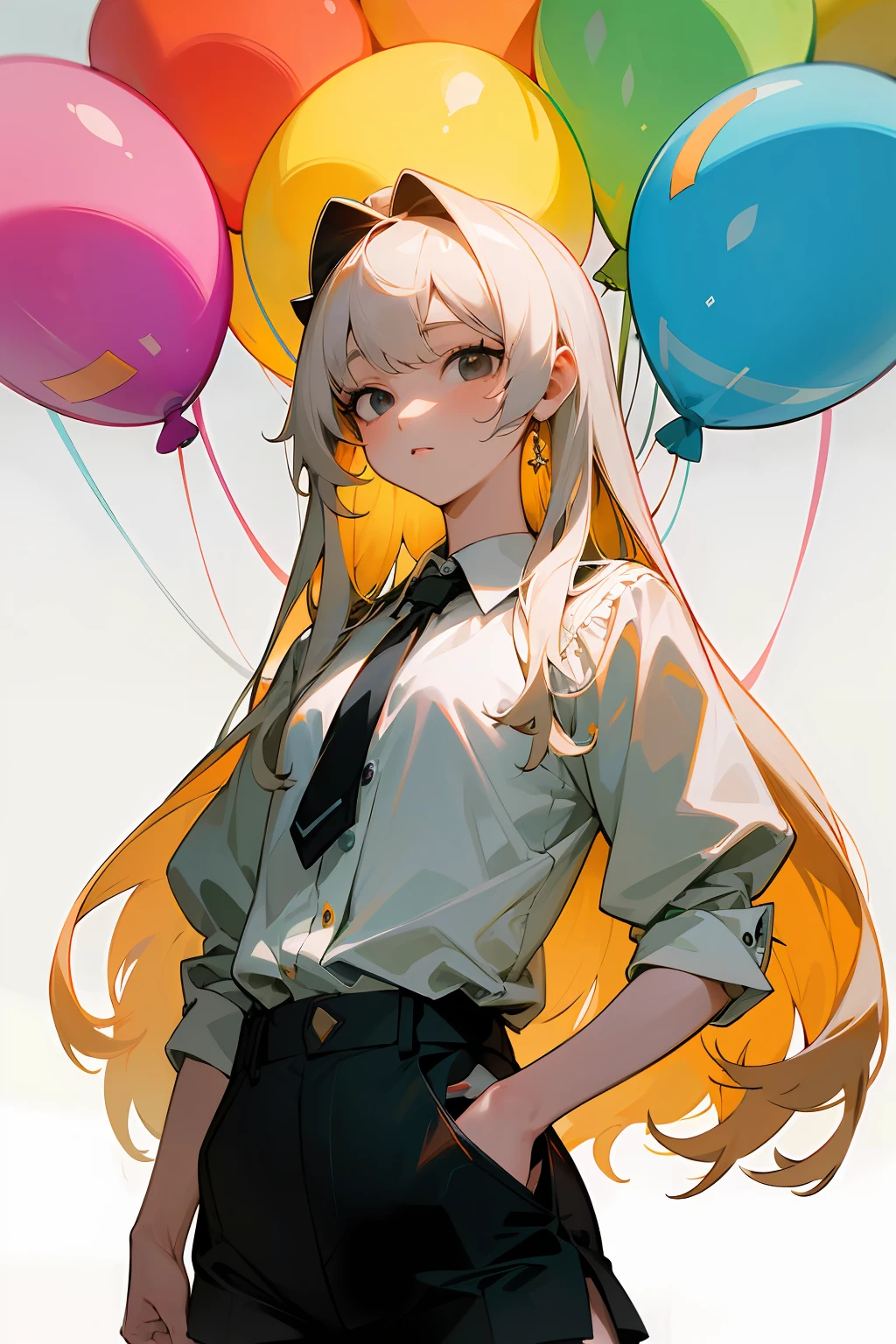best quality ,masterpiece, illustration, an extremely delicate and beautiful, extremely detailed ,CG ,unity ,8k wallpaper, Amazing, finely detail, masterpiece,best quality,official art,extremely detailed CG unity 8k wallpaper,absurdres, incredibly absurdres, huge filesize , ultra-detailed, highres, extremely detailed, extremely detailed eyes and face, beautiful detailed eyes,light on face,white long hair,green shirt, black shorts, black eyes, flat_chest, sky, colorful balloon