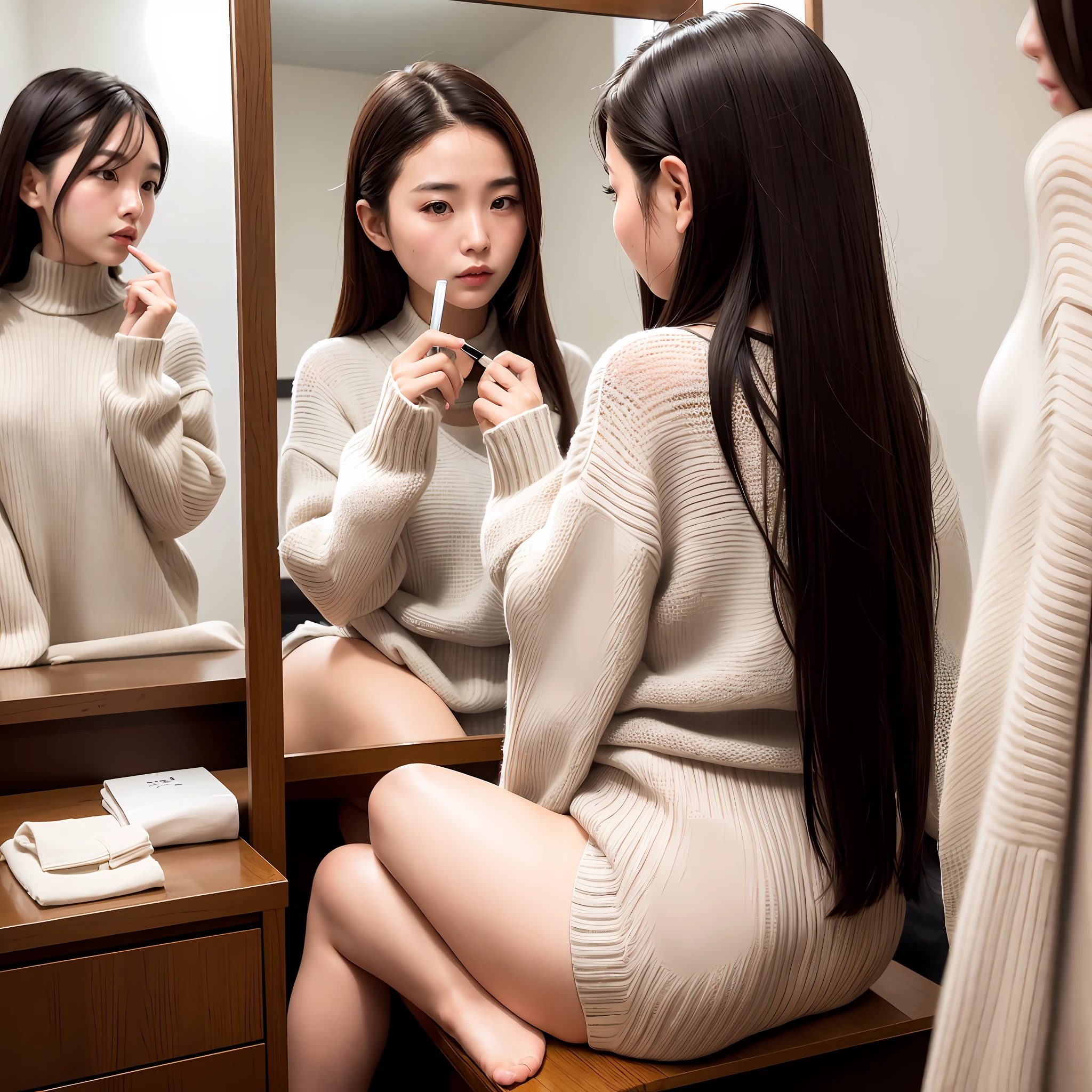Knitwear, a Korean beauty, looking in the mirror