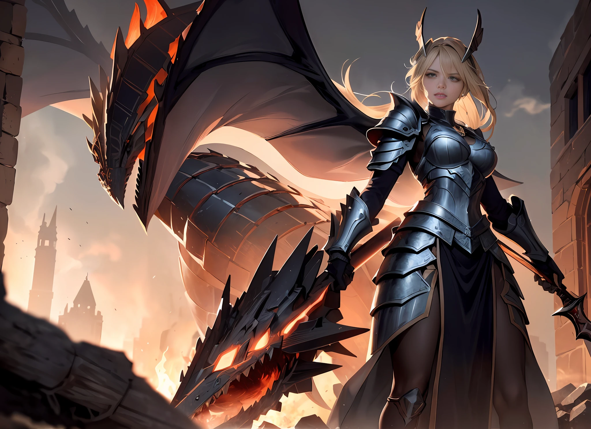 ((Best Quality)), ((Masterpiece)), ((Realistic)), ((Valkyrie)), Standing boldly before a roaring dragon's head, amidst a smoke-shrouded courtyard of a medieval fortress, due to the dragon's destructive flames shortly before the collapse stands. Debris and ash dance in the air as stray rays of moonlight find their way through the smoke into the courtyard, casting dramatic shadows. The Valkyrie, impressive in her detailed armour, her stance resolute, holds her sharp-forged spear ready to confront the dragon. Her helm reflects the flickering fire erupting from the dragon's head. Every piece of their armor and every element of their appearance speaks of their bravery and willingness to fight. The scorpion fish is a masterpiece in its own right, with bright, fierce eyes and sharp teeth protruding from its wide-open maw. Smoke and sparks rise from its nostrils, creating an ominous aura. Its mighty scales gleam in the dim moonlight, every detail testifying to its fearsome presence. The entire scene is lit by the flickering flames that eat away at the stonework of the once-proud fortress. One can clearly see the rough masonry, the cracks in the stones and the dust rising from the collapsing walls. Eye to eye, quaint, masterpiece