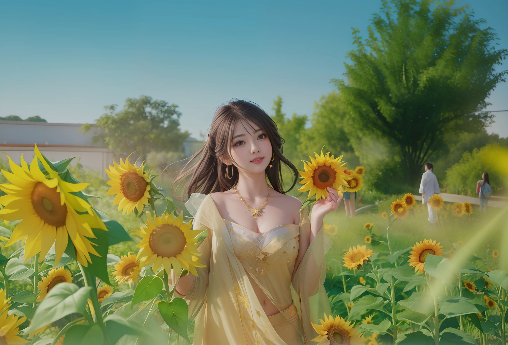 best quality, masterpiece, highres, 1girl,blush,(seductive smile:0.8),star-shaped pupils,necklace, jewelry,Beautiful face,upon_body, tyndall effect,photorealistic, dark studio, rim lighting, two tone lighting,(high detailed skin:1.2), 8k uhd, dslr, soft lighting, high quality, volumetric lighting, candid, Photograph, high resolution, 4k, 8k, Bokeh,sunflower