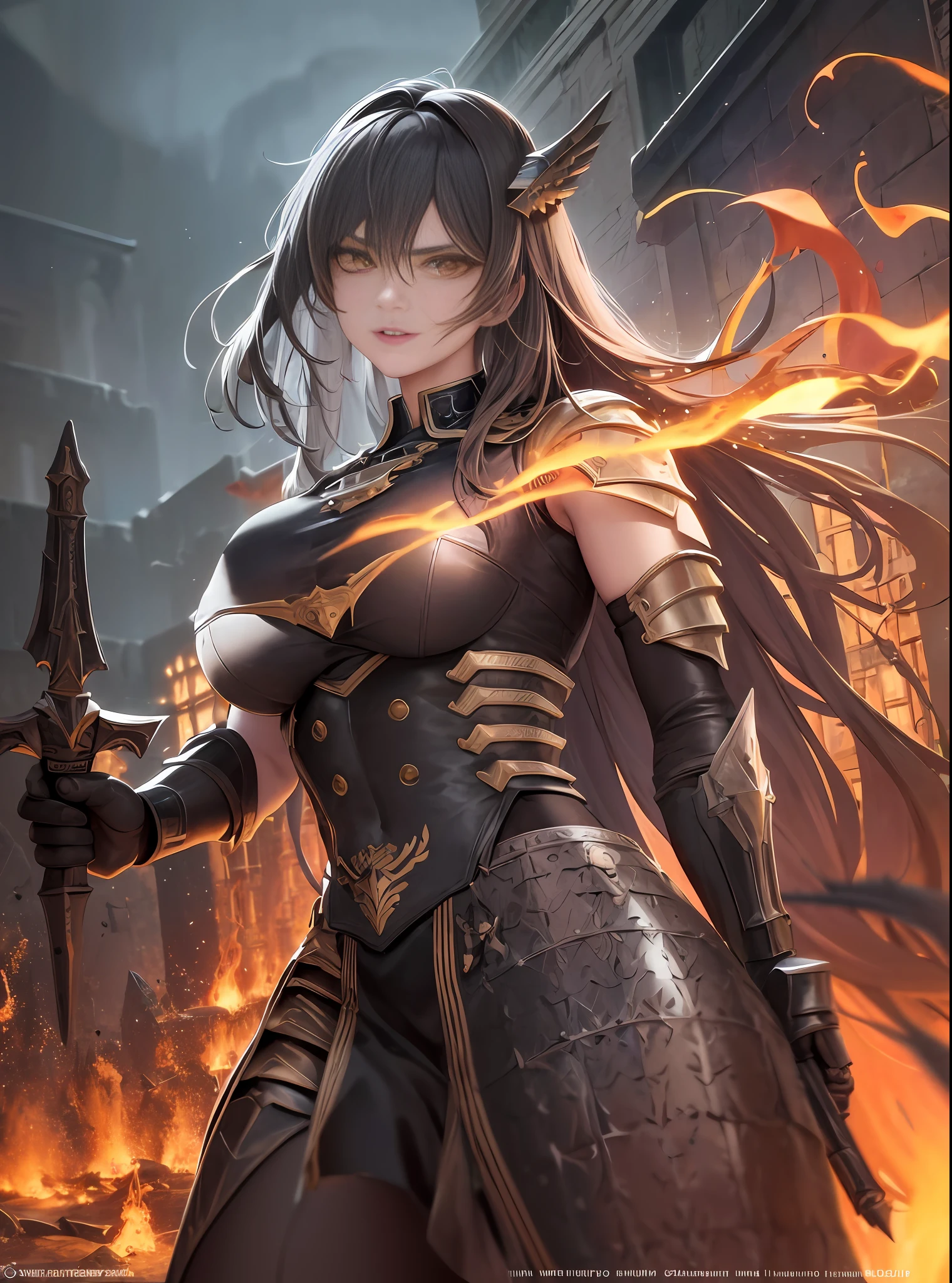 ((Best Quality)), ((Masterpiece)), ((Realistic)), ((Valkyrie)), Standing boldly before a roaring dragon's head, amidst a smoke-shrouded courtyard of a medieval fortress, due to the dragon's destructive flames shortly before the collapse stands. Debris and ash dance in the air as stray rays of moonlight find their way through the smoke into the courtyard, casting dramatic shadows. The Valkyrie, impressive in her detailed armour, her stance resolute, holds her sharp-forged spear ready to confront the dragon. Her helm reflects the flickering fire erupting from the dragon's head. Every piece of their armor and every element of their appearance speaks of their bravery and willingness to fight. The scorpion fish is a masterpiece in its own right, with bright, fierce eyes and sharp teeth protruding from its wide-open maw. Smoke and sparks rise from its nostrils, creating an ominous aura. Its mighty scales gleam in the dim moonlight, every detail testifying to its fearsome presence. The entire scene is lit by the flickering flames that eat away at the stonework of the once-proud fortress. One can clearly see the rough masonry, the cracks in the stones and the dust rising from the collapsing walls. Eye to eye, quaint, masterpiece