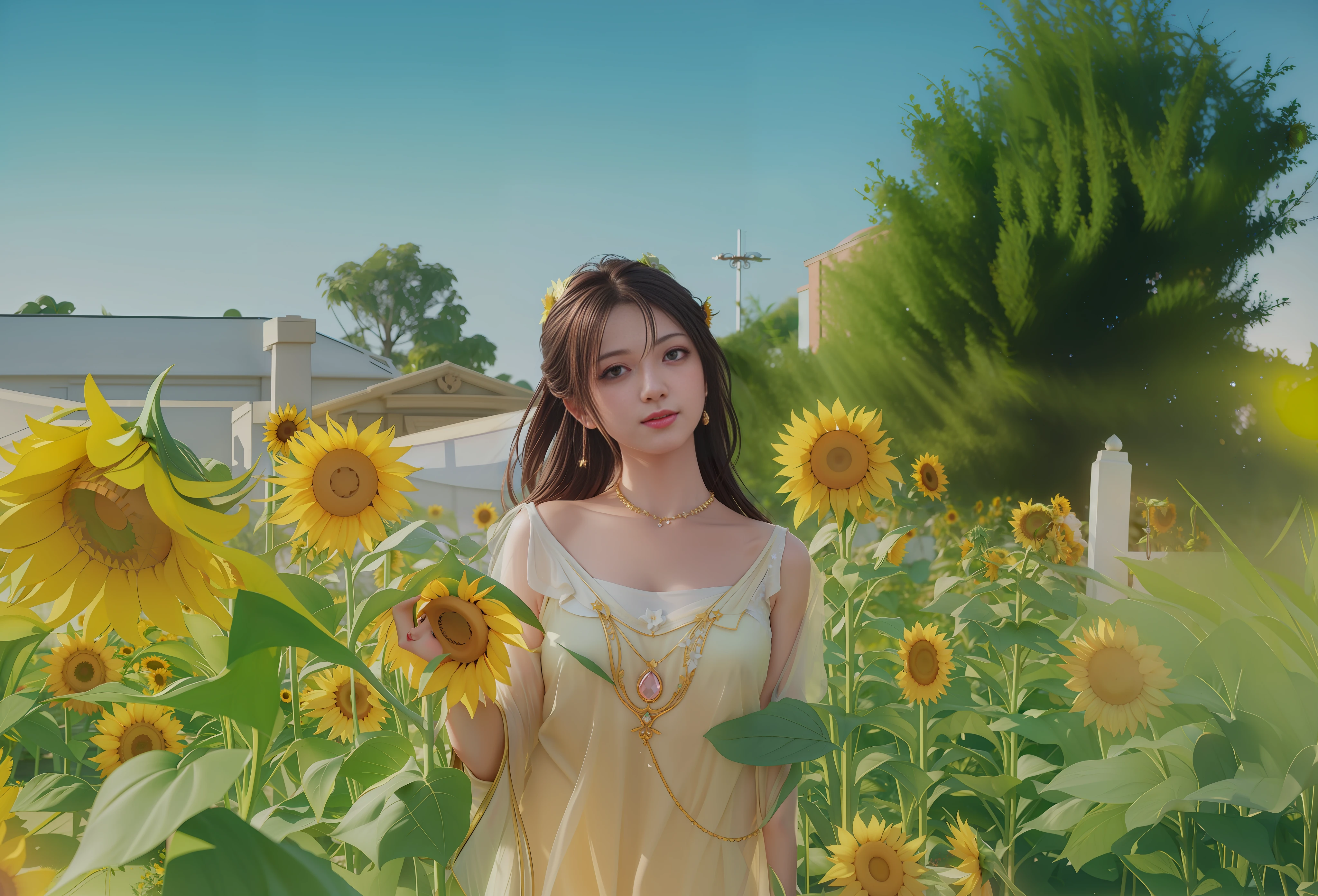 best quality, masterpiece, highres, 1girl,blush,(seductive smile:0.8),star-shaped pupils,necklace, jewelry,Beautiful face,upon_body, tyndall effect,photorealistic, dark studio, rim lighting, two tone lighting,(high detailed skin:1.2), 8k uhd, dslr, soft lighting, high quality, volumetric lighting, candid, Photograph, high resolution, 4k, 8k, Bokeh,sunflower