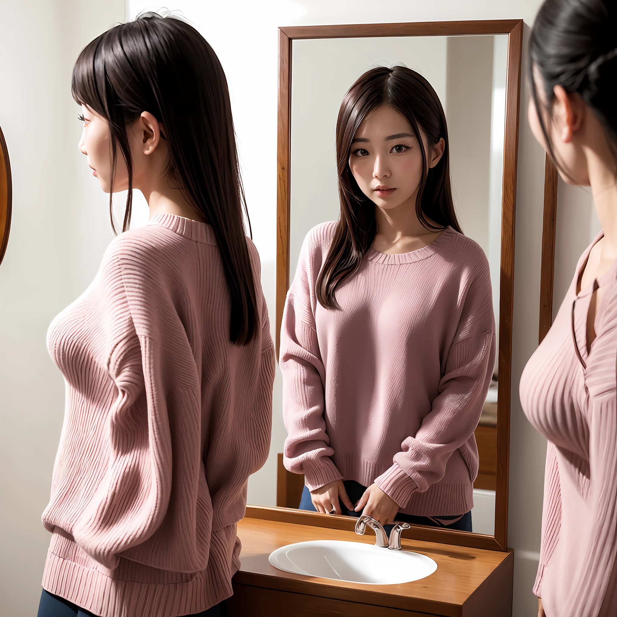 Knitwear, a beautiful Chinese woman, looking in the mirror