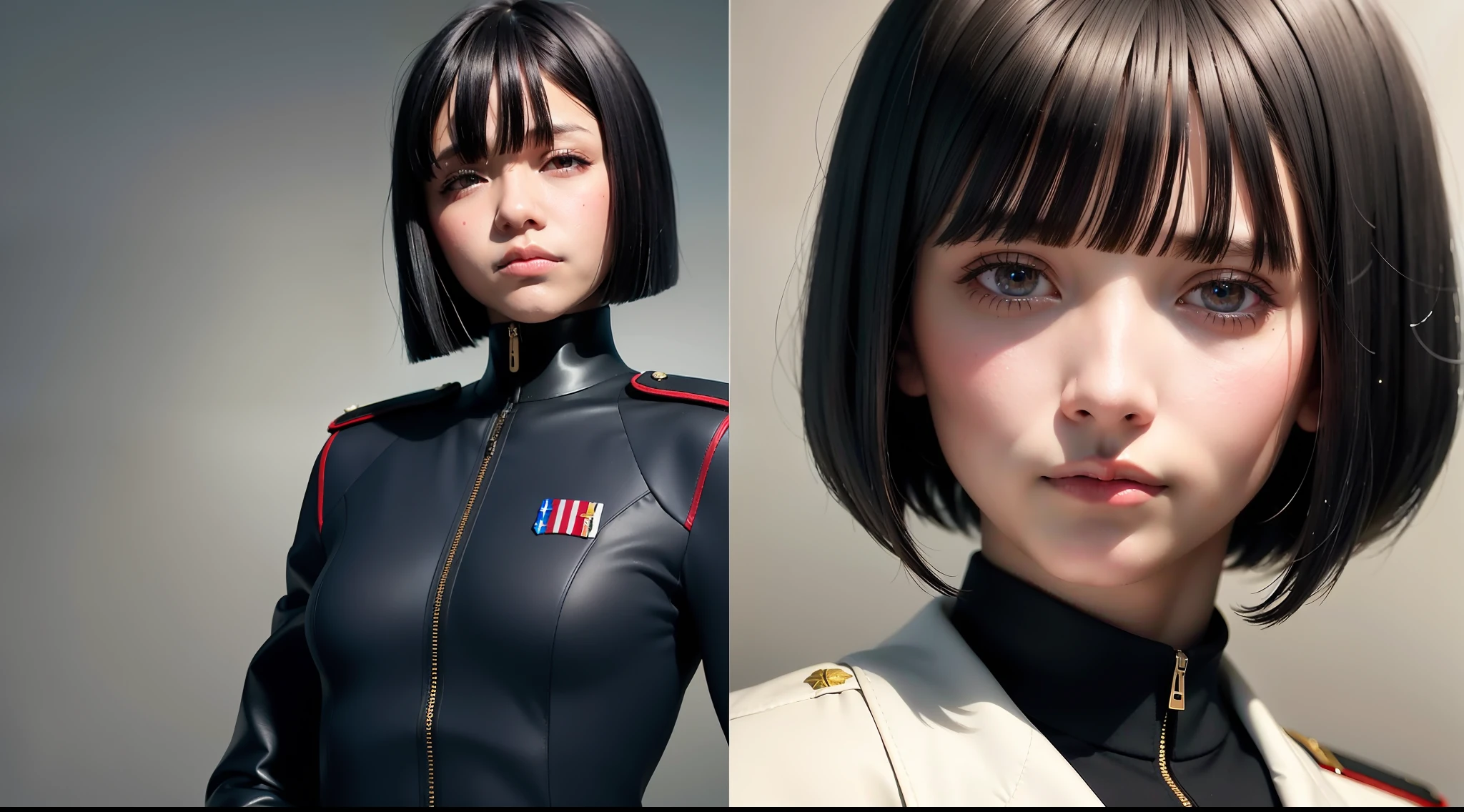 Highest resolution, semi-realistic, realistic detail, woman, petite, black hair, short bob haircut, bangs, black eyes, wearing official clothes, uniform, outerwear, white coat, dress. red inside,serious expression,serious,air force,war,government,war,science fiction,space