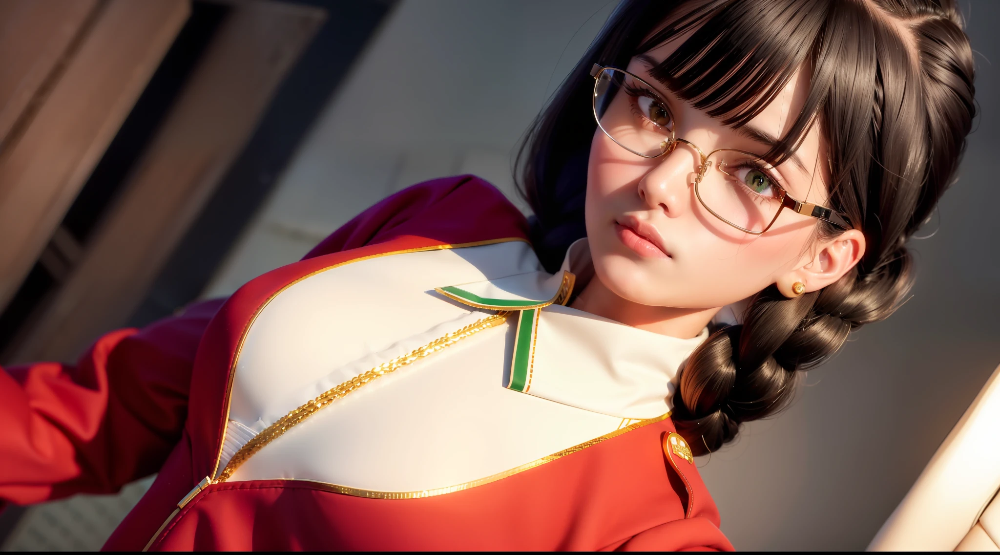 highest resolution,semi-realistic,realistic detail,feminine,small size,black hair,double braided hairstyle,round head,bangs,green eyes,red glasses,wearing formal dress,uniform, White coat outerwear, red innerwear, dark expression, air force, war, government agency, war, science fiction, space.