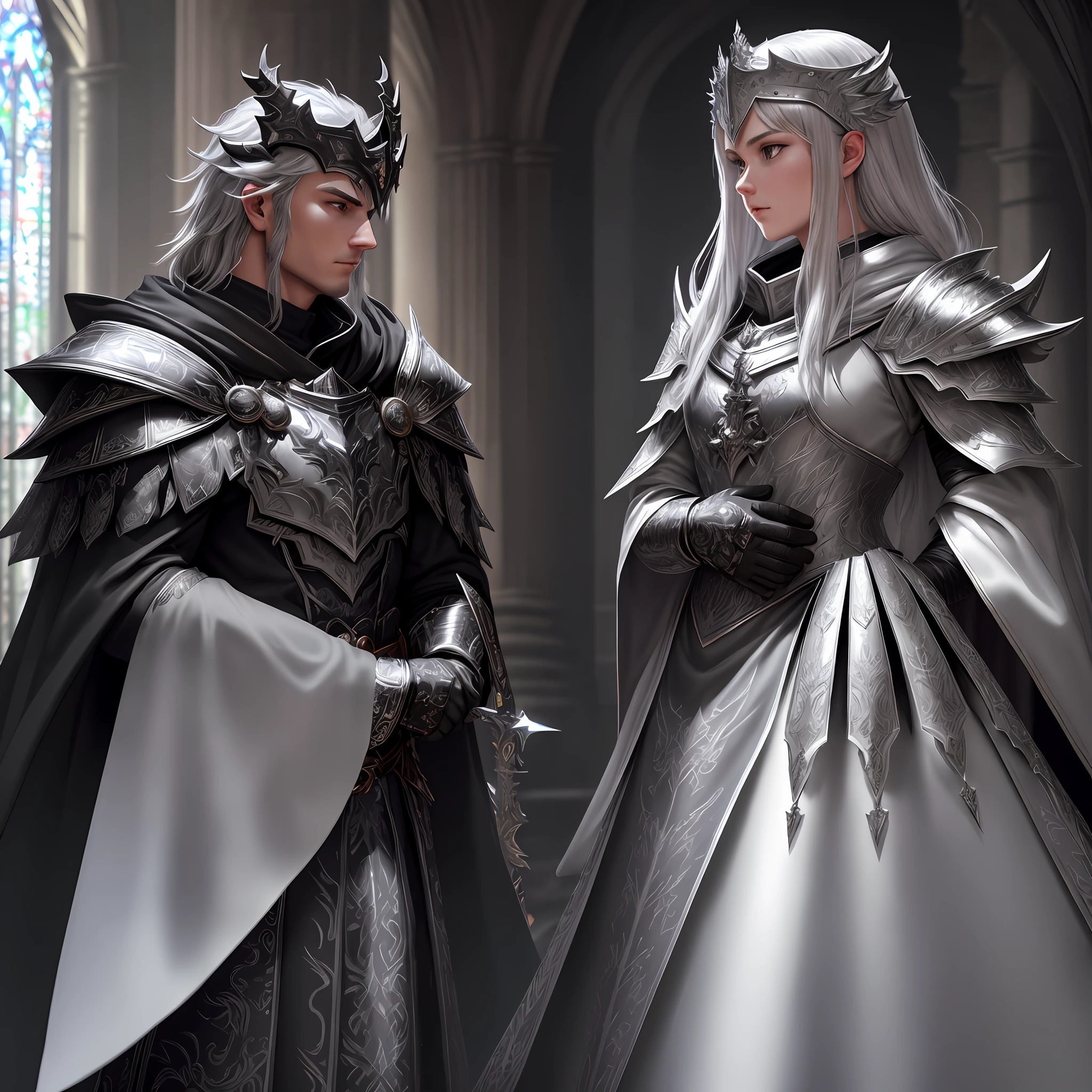 Dragon Lord, two extremely detailed swords, one in each hand, one longer than the other, an extremely detailed black steel dragon head helm on the shoulder with a closed visor, highly detailed black steel shoulder pads modeled after dragon heads with shimmering silver ornaments, a gray one lying on top Cloak featuring an ultra-highly detailed cloak, ultra-highly detailed ruffled gray dragon wings, insanely realistic graphics, insanely detailed detailing, ultra-realistic and highly detailed heavy black star armor with shiny, magnified shiny silver ornaments and and a gray tunic, extremely detailed heavy black steel gloves and boots with reinforced shiny silver Ornaments, the light is reflected on the ornaments, smoldering ash floats from torches from the left to the right corner of the arched aisles, when walking through the cathedral,