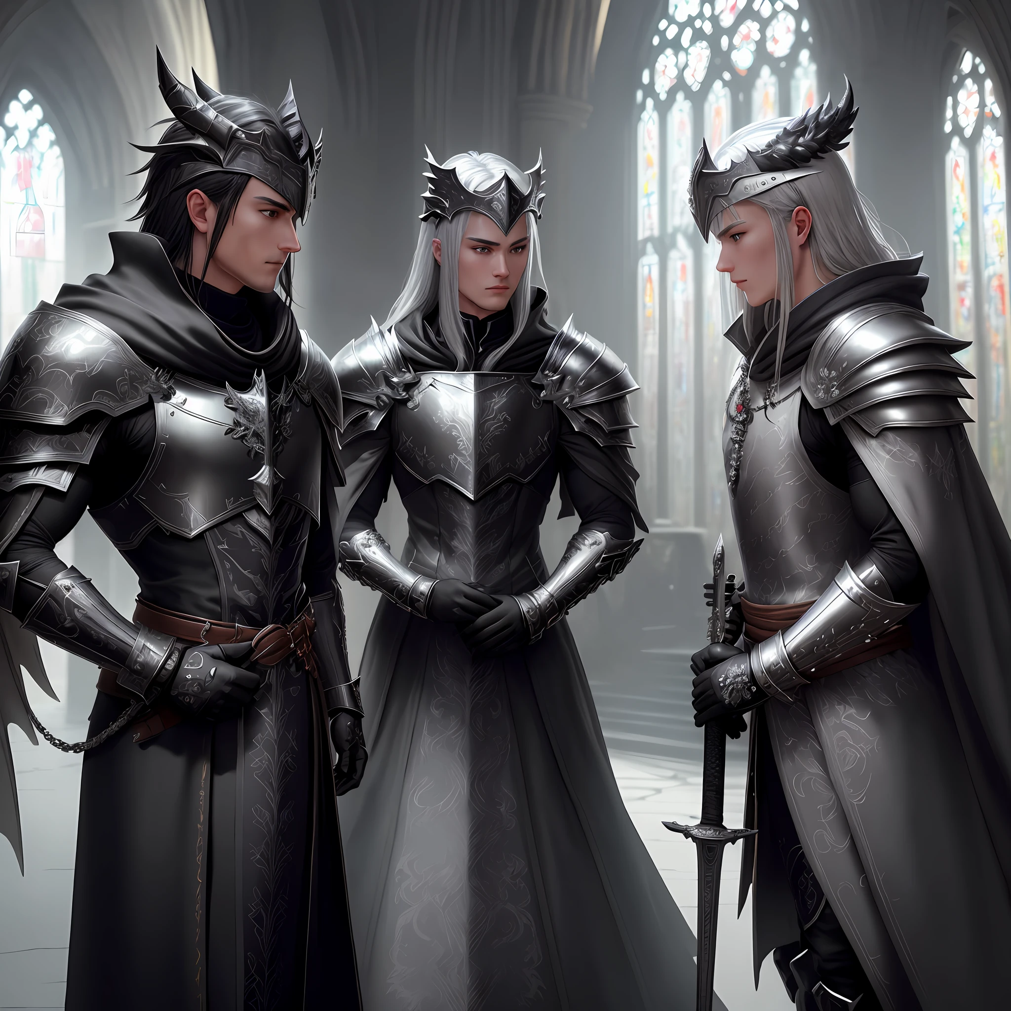 Dragon Lord, two extremely detailed swords, one in each hand, one longer than the other, an extremely detailed black steel dragon head helm on the shoulder with a closed visor, highly detailed black steel shoulder pads modeled after dragon heads with shimmering silver ornaments, a gray one lying on top Cloak featuring an ultra-highly detailed cloak, ultra-highly detailed ruffled gray dragon wings, insanely realistic graphics, insanely detailed detailing, ultra-realistic and highly detailed heavy black star armor with shiny, magnified shiny silver ornaments and and a gray tunic, extremely detailed heavy black steel gloves and boots with reinforced shiny silver Ornaments, the light is reflected on the ornaments, smoldering ash floats from torches from the left to the right corner of the arched aisles, when walking through the cathedral,