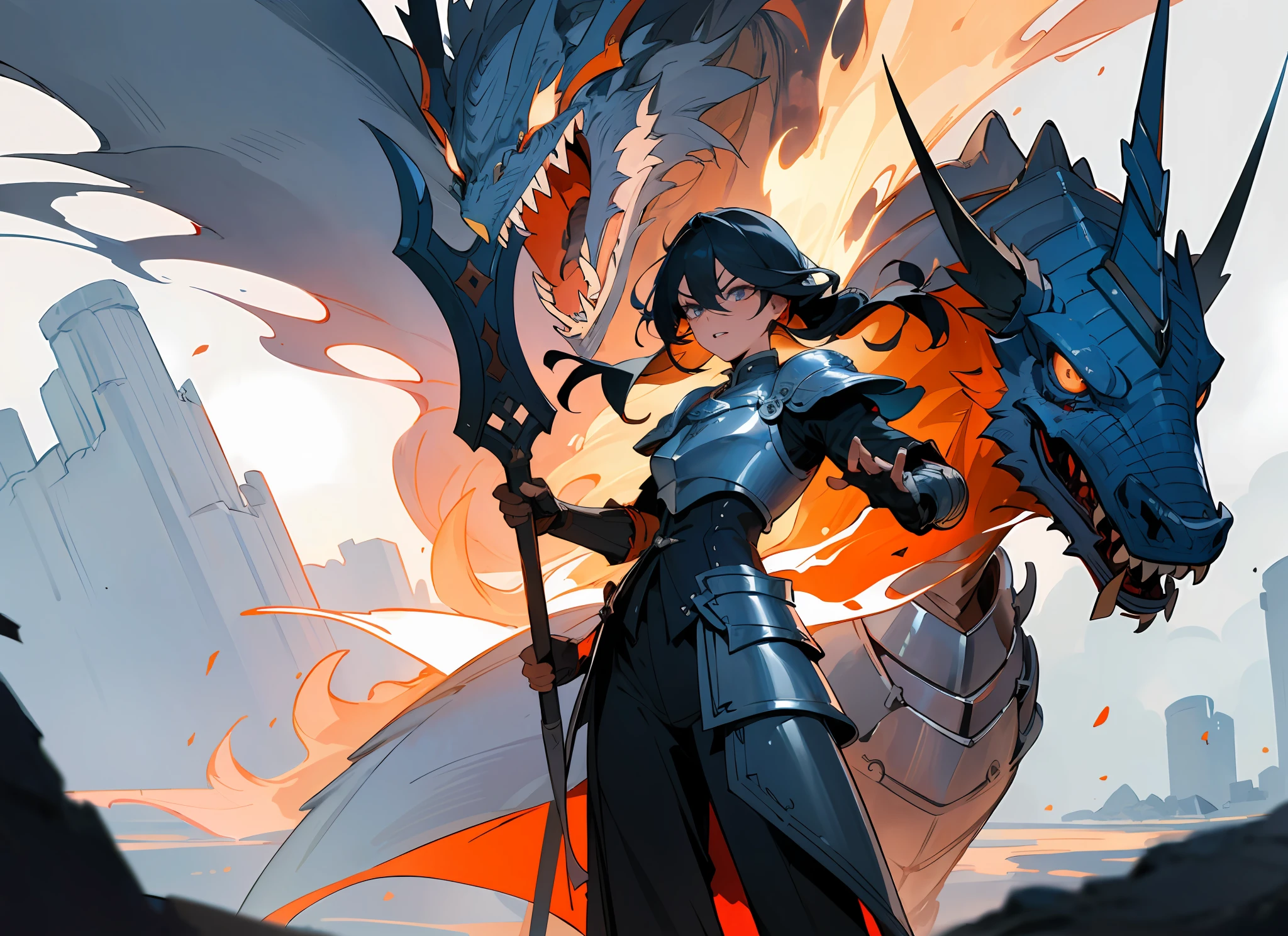 ((Best Quality)), ((Masterpiece)), ((Realistic)), ((Valkyrie)), Standing boldly before a roaring dragon's head, amidst a smoke-shrouded courtyard of a medieval fortress, due to the dragon's destructive flames shortly before the collapse stands. Debris and ash dance in the air as stray rays of moonlight find their way through the smoke into the courtyard, casting dramatic shadows. The Valkyrie, impressive in her detailed armour, her stance resolute, holds her sharp-forged spear ready to confront the dragon. Her helm reflects the flickering fire erupting from the dragon's head. Every piece of their armor and every element of their appearance speaks of their bravery and willingness to fight. The scorpion fish is a masterpiece in its own right, with bright, fierce eyes and sharp teeth protruding from its wide-open maw. Smoke and sparks rise from its nostrils, creating an ominous aura. Its mighty scales gleam in the dim moonlight, every detail testifying to its fearsome presence. The entire scene is lit by the flickering flames that eat away at the stonework of the once-proud fortress. One can clearly see the rough masonry, the cracks in the stones and the dust rising from the collapsing walls. Eye to eye, quaint, masterpiece