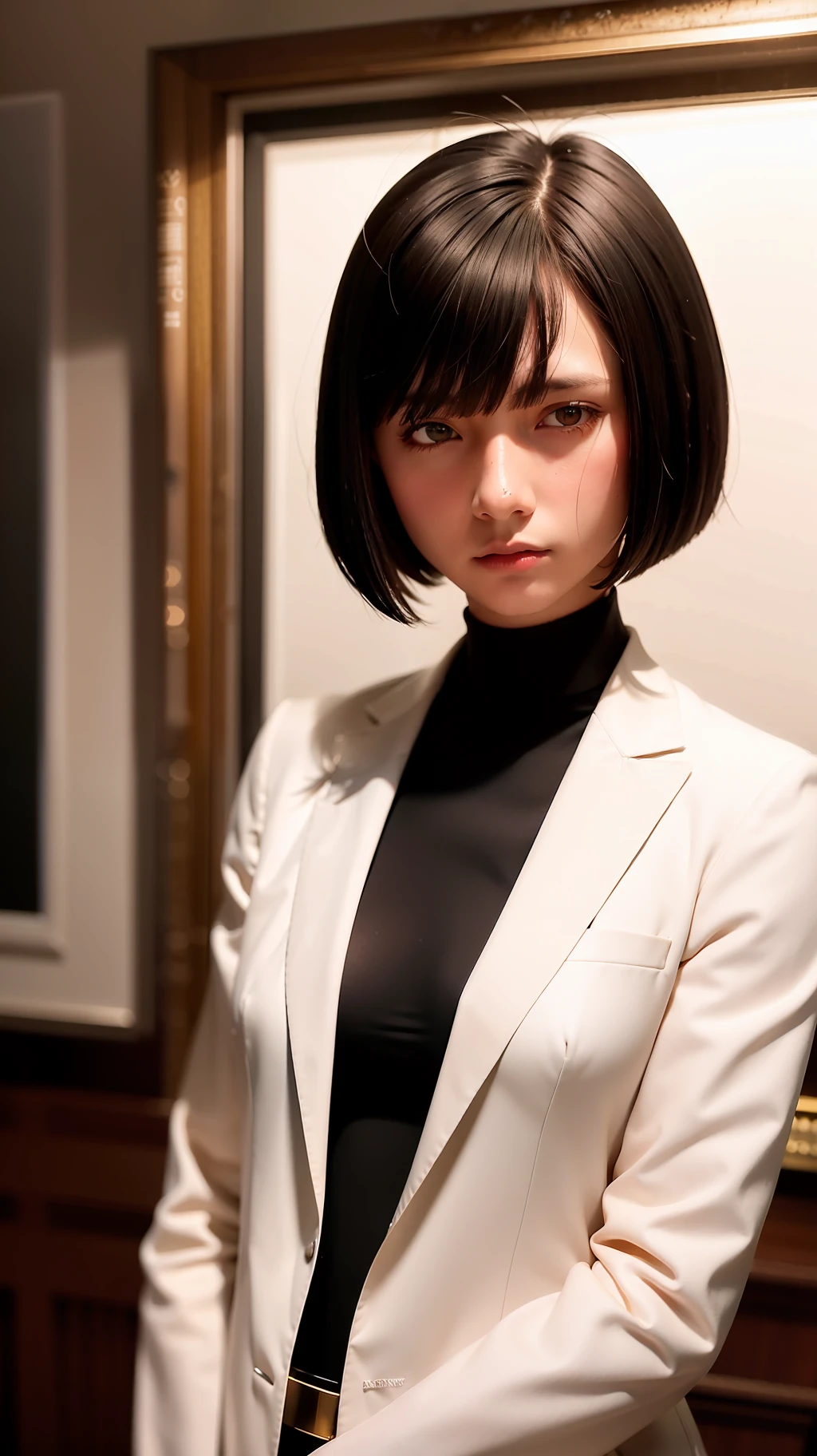 Highest resolution, semi-realistic, realistic detail, woman, petite, black hair, short bob haircut, bangs, black eyes, wearing official clothes, uniform, outerwear, white coat, dress. red inside,serious expression,serious,air force,war,government,war,science fiction,space