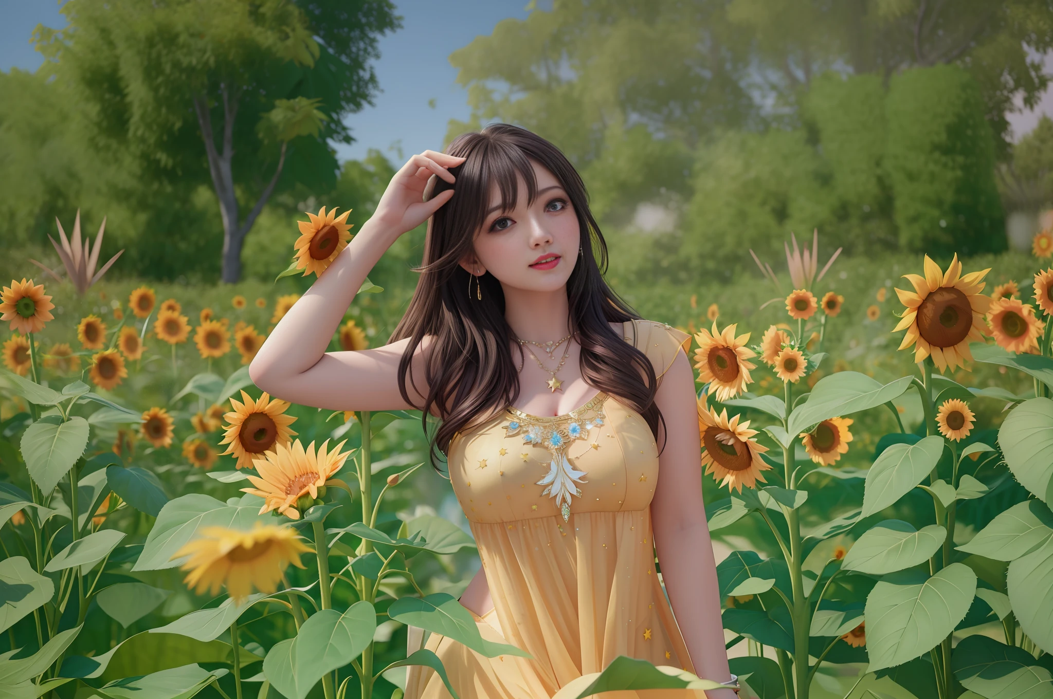 best quality, masterpiece, highres, 1girl,blush,(seductive smile:0.8),star-shaped pupils,necklace, jewelry,Beautiful face,upon_body, tyndall effect,photorealistic, dark studio, rim lighting, two tone lighting,(high detailed skin:1.2), 8k uhd, dslr, soft lighting, high quality, volumetric lighting, candid, Photograph, high resolution, 4k, 8k, Bokeh,sunflower,not sexy dress