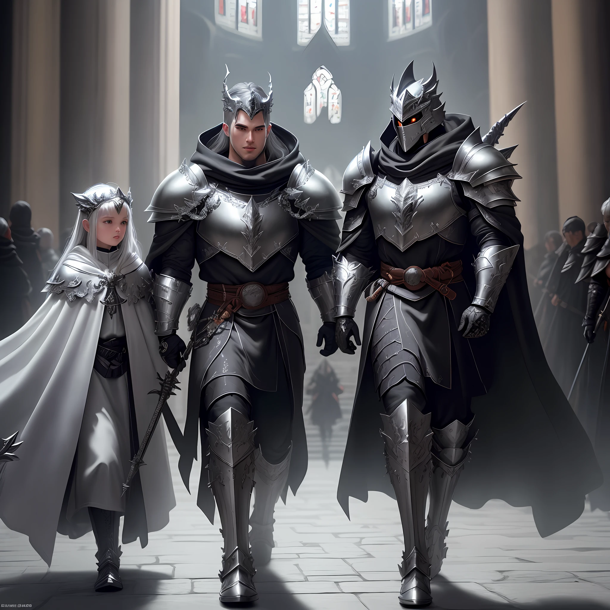 Dragon Lord with two extremely detailed swords, one in each hand, one longer than the other, an extremely detailed black steel dragon head helm on the shoulder with a closed visor, highly detailed black steel shoulder pads modeled after dragon heads with shimmering silver ornaments, a gray one lying on top Cloak featuring an ultra-highly detailed cloak, ultra-highly detailed ruffled gray dragon wings, insanely realistic graphics, insanely detailed detailing, ultra-realistic and highly detailed heavy black star armor with shiny, magnified shiny silver ornaments and and a gray tunic, extremely detailed heavy black steel gloves and boots with reinforced shiny silver Ornaments, the light is reflected on the ornaments, smoldering ash floats from torches from the left to the right corner of the arched aisles, when walking through the cathedral,