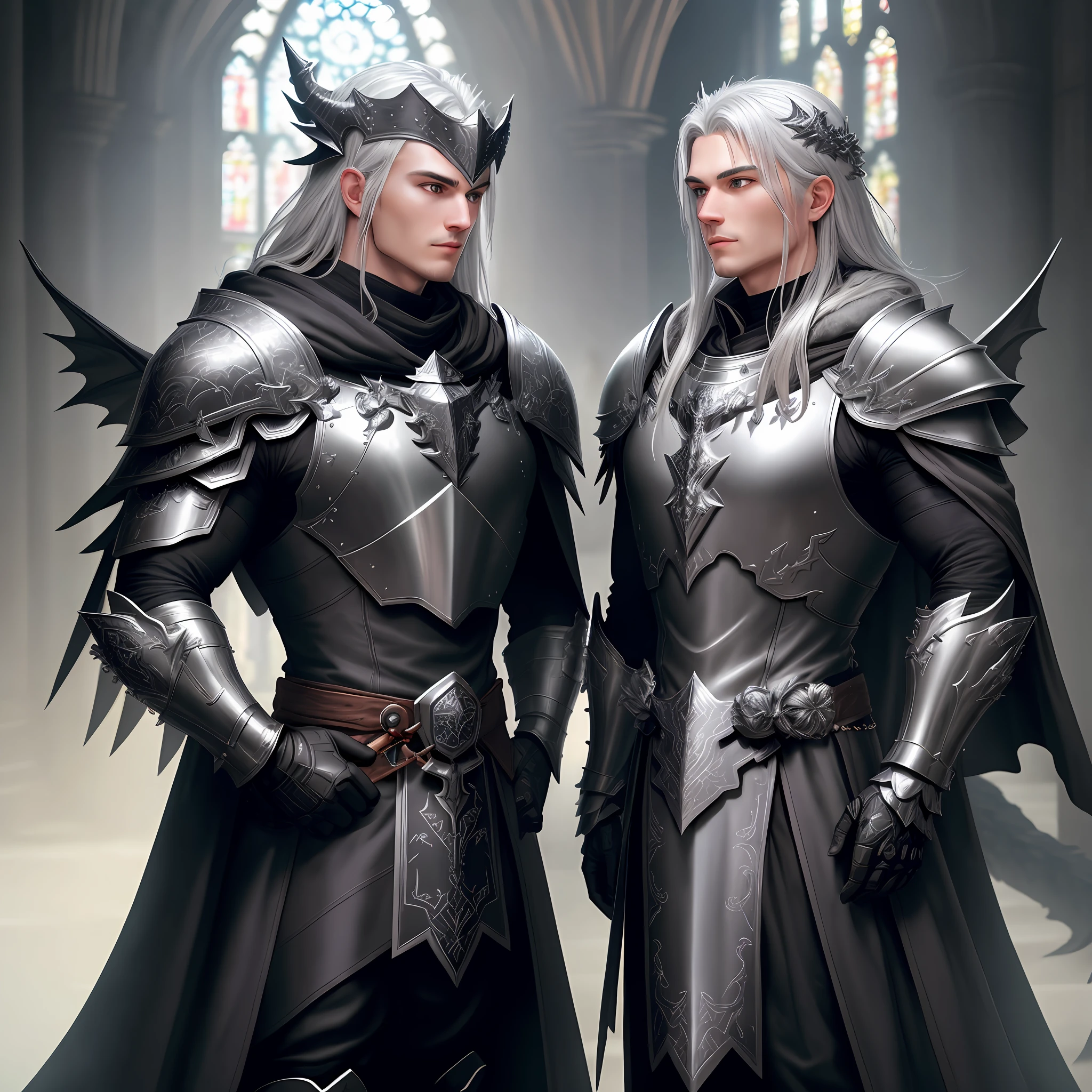 Dragon Lord with two extremely detailed swords, one in each hand, one longer than the other, an extremely detailed black steel dragon head helm on the shoulder with a closed visor, highly detailed black steel shoulder pads modeled after dragon heads with shimmering silver ornaments, a gray one lying on top Cloak featuring an ultra-highly detailed cloak, ultra-highly detailed ruffled gray dragon wings, insanely realistic graphics, insanely detailed detailing, ultra-realistic and highly detailed heavy black star armor with shiny, magnified shiny silver ornaments and and a gray tunic, extremely detailed heavy black steel gloves and boots with reinforced shiny silver Ornaments, the light is reflected on the ornaments, smoldering ash floats from torches from the left to the right corner of the arched aisles, when walking through the cathedral,