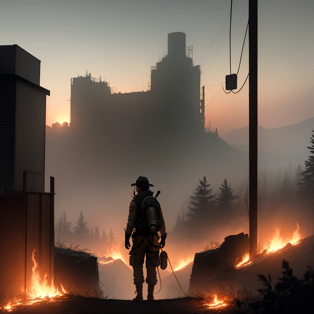 A desolate, post-apocalyptic scene consumed by industrial wildfire — rugged and wild plants weave in and out amidst the chaos. Dynamic ropes and cables criss-cross the foreground. 

[[(1 character)], thick gloves, goggles, (explorer outfit), silhouetted against the flames. Her or his expression is obscured, but their pose conveys a sense of exploration and determination. Shot from below. [((1 thumbnail)), (rugged silhouette)], [((1 thumbnail)), (tattered campsite)]].

[[(1 character)], (rung 2 gas mask), (rugged outfit), carrying a large backpack and powerful flashlight, emerges from the smoke. The beam of their flashlight illuminates plants and ruins alike. Shot from the side. [((1 thumbnail)), (intricate ruins)], [((1 thumbnail)), (abandoned factory)]].

[[(1 character)], wearing a (burned-out hat), (mask), and (rugged outfit), drops out of the sky via parachute, her or his face masked by shadows. Shot from above. [((1 thumbnail)), (burnt out forest)], [((1 thumbnail)), (dramatic sunset)]].

[[(1 character)], (rugged outfit), (net armor) glistening in the searing heat, deftly navigates a metal maze, the flames seething below him or her. Shot from a distance