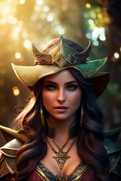award winning digital art of an elven ranger woman, fully clothed, in a fantasy village, d&d, masterpiece, best quality, high contrast, soft lighting, backlighting, bloom, light sparkles, chromatic aberration, smooth, sharp focus