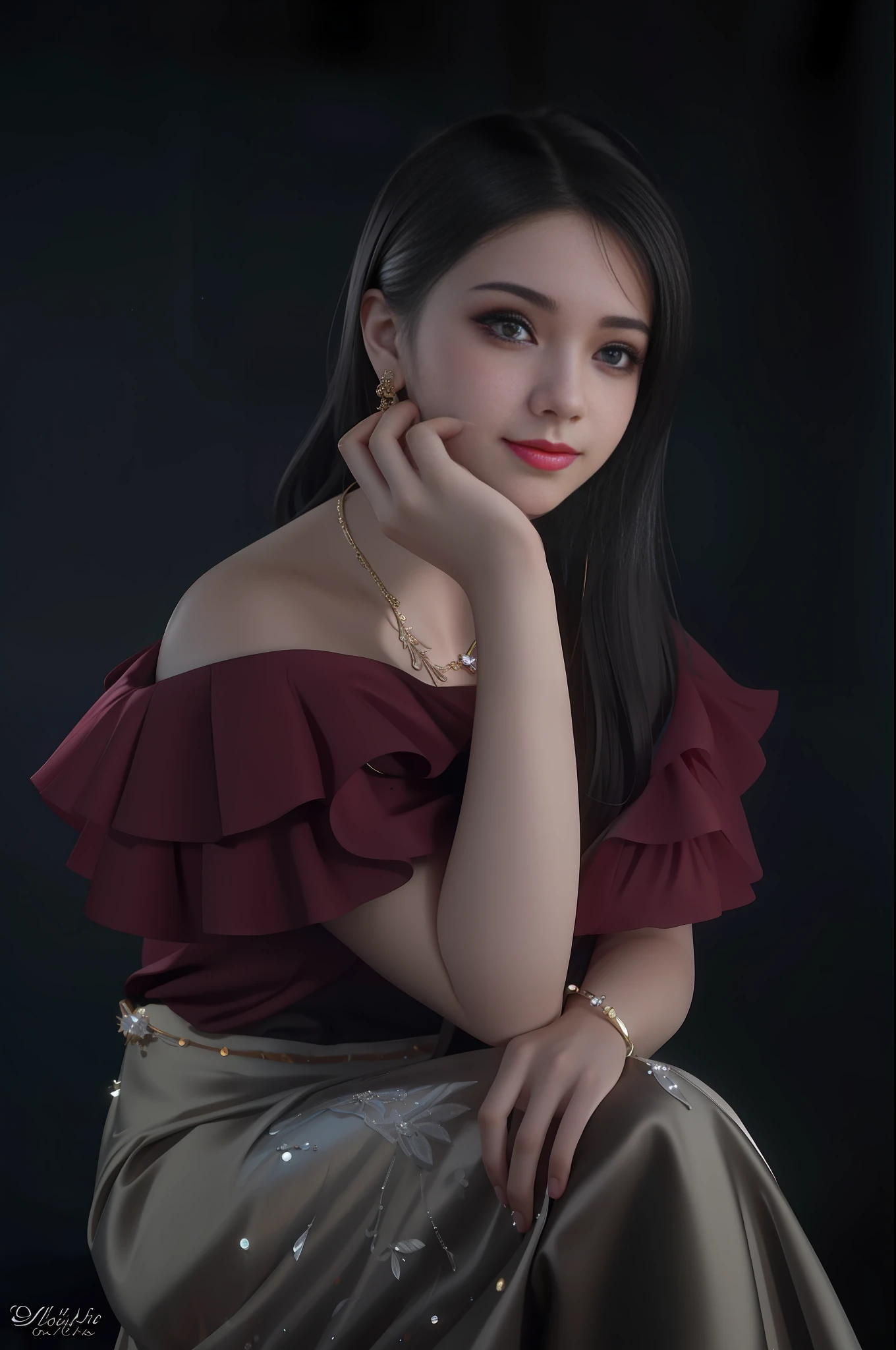 best quality, masterpiece, highres, 1girl,blush,(seductive smile:0.8),star-shaped pupils,necklace, jewelry,Beautiful face,upon_body, tyndall effect,photorealistic, dark studio, rim lighting, two tone lighting,(high detailed skin:1.2), 8k uhd, dslr, soft lighting, high quality, volumetric lighting, candid, Photograph, high resolution, 4k, 8k, Bokeh,beautiful dress