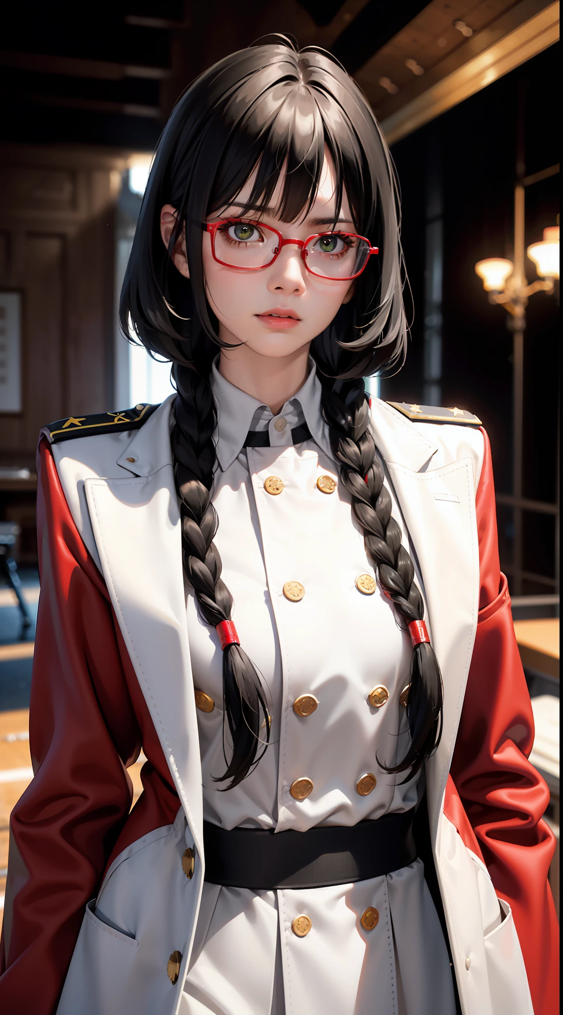 (Film Foundations), Best Quality, Masterpiece, High Detail, Realistic, Highest Face Resolution, Mature, Woman, Small, Black Hair, Double Braids, Bangs, Dark Green Eyes. ,red glasses,underwear,ruling elite,moody face,future,science fiction,space,dictator,high resolution,woman,small,black hair,double braid hairstyle,bang bangs, Green eyes, red glasses, wearing official uniform, uniform, white coat, sexy dress, dark face, warship, aircraft carrier, in the future, science fiction, fighter plane, space, war high definition. ,semi-realistic,realistic detail,feminine,small body,black hair,short bob haircut,bang bangs,black eyes,in a civil suit,uniform,outside white coat,inside in color red,underwear,serious expression,serious,air force,war,government,war,science fiction,space