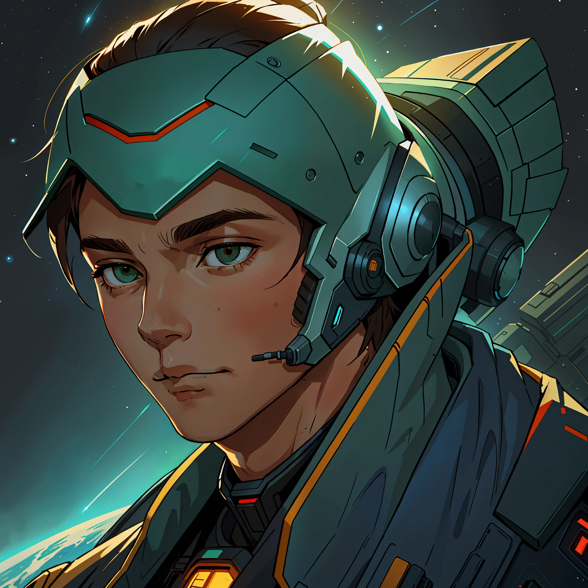 masterpiece, best quality, realistic, ultra detailed, sfw, head shot, a portrait of a young man, starsector, sci-fi style suits, hight-tech gadgets, head facing right,