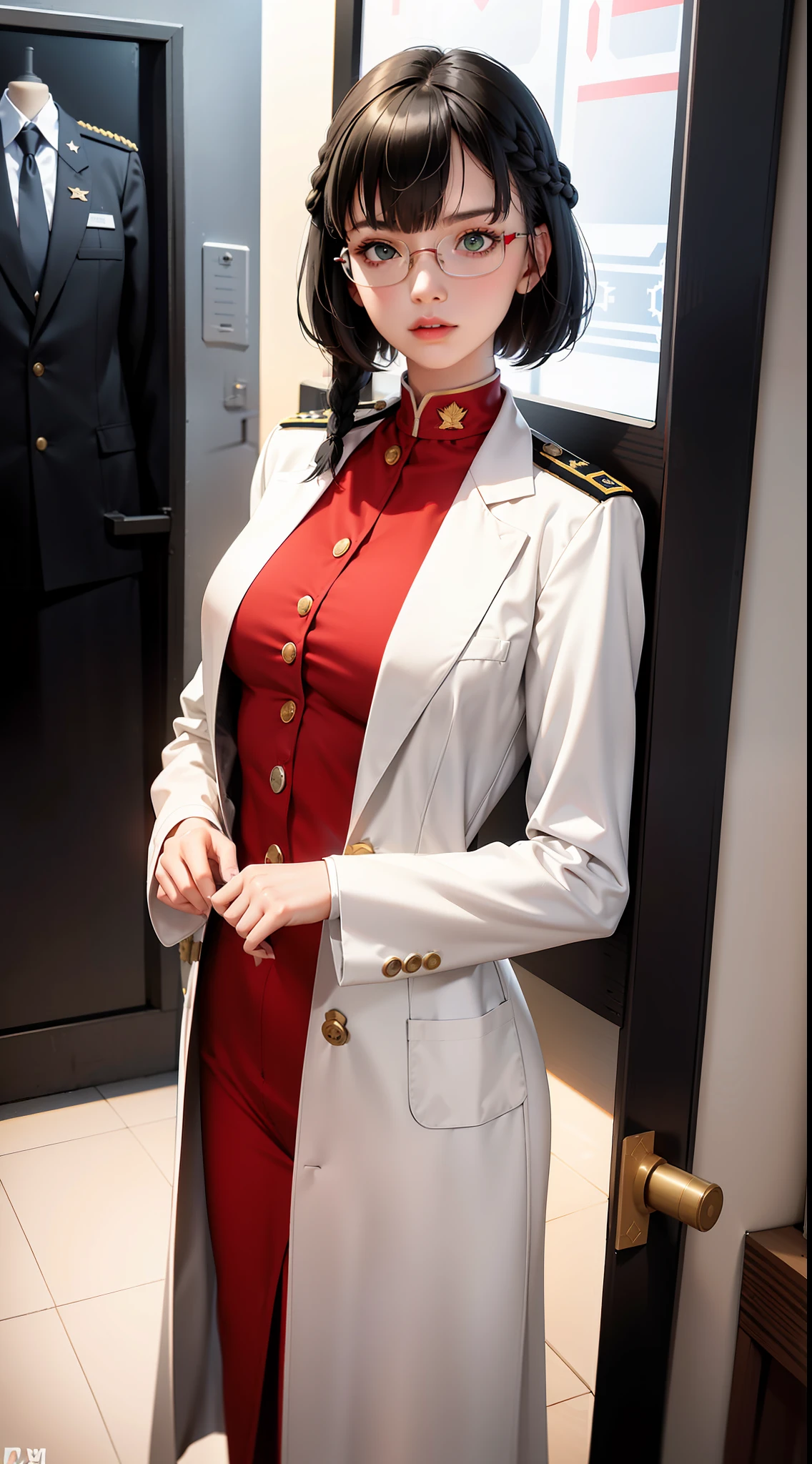 highest resolution,woman,small size,black hair,double braid hairstyle,bang bang,green eyes,red glasses,in formal dress,uniform,white coat,sexy dress,make a dark face, warship, aircraft carrier, in the future, science fiction, warplane, space, war warfare, semi-realistic, realistically detailed, woman, petite, black hair, short bob haircut, bangs ,black eyes,government clothing,uniform,white coat outerwear,red inner attire,underwear,serious face,serious,air force,war,government agency,war,science fiction,space