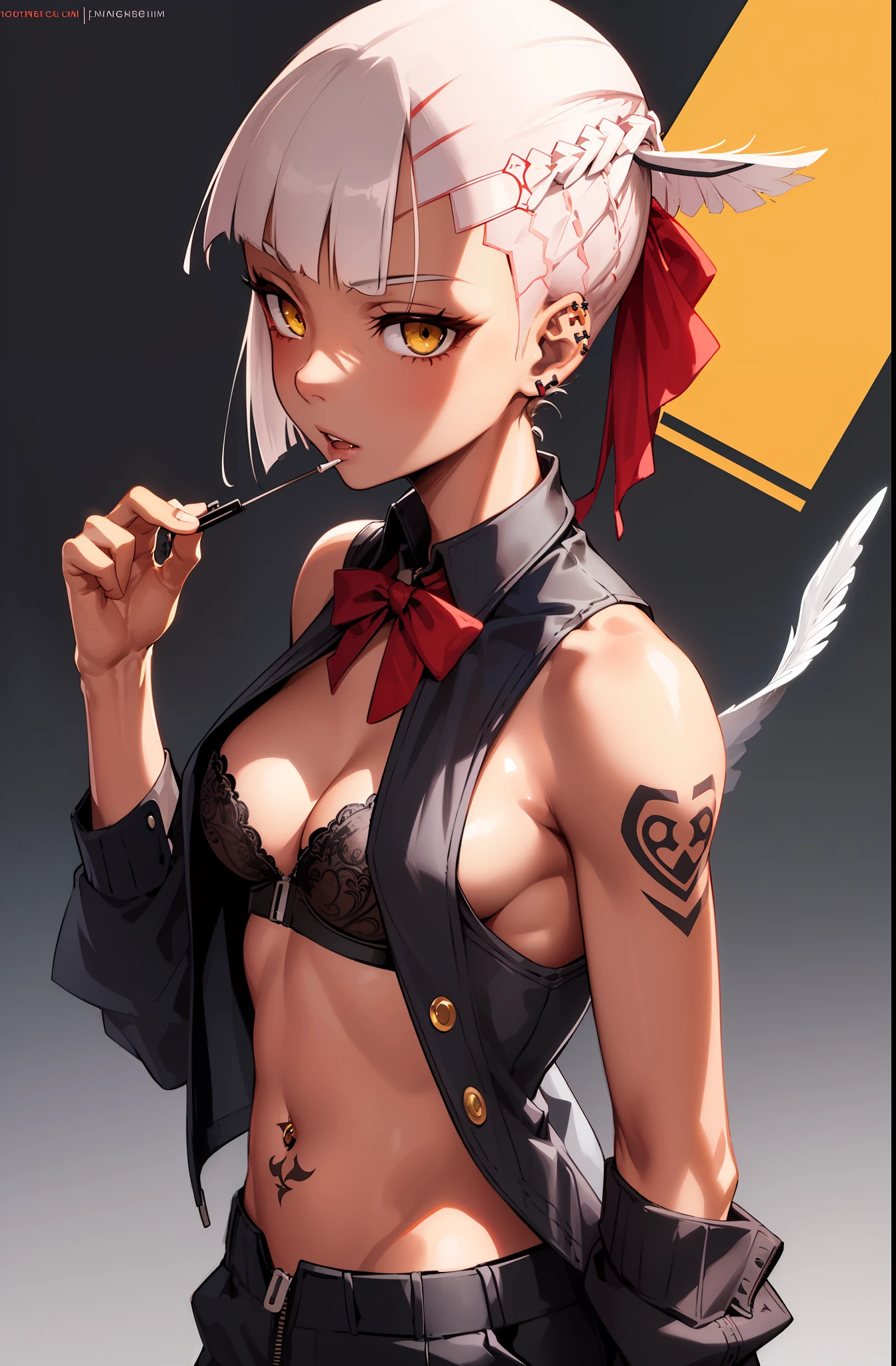 Solo, Highest quality, Masterpiece, Dynamic, Highly detailed CG, Highly detailed 8K wallpaper, Bird's eye view, Highly detailed character, Standing upright, Side view (very detailed and beautiful portrait), Medium bust, Beautiful lines , Japanese high school uniform, collared jacket, front button, shift black slacks, zipper open, underwear shift, see-through bra, portrait, solo, clear focus, (((side shaved hair))), dark skin tomboy girl, butler, navel piercing, tattoo under eye, short hair, yellow eyes, detailed close-up portrait,