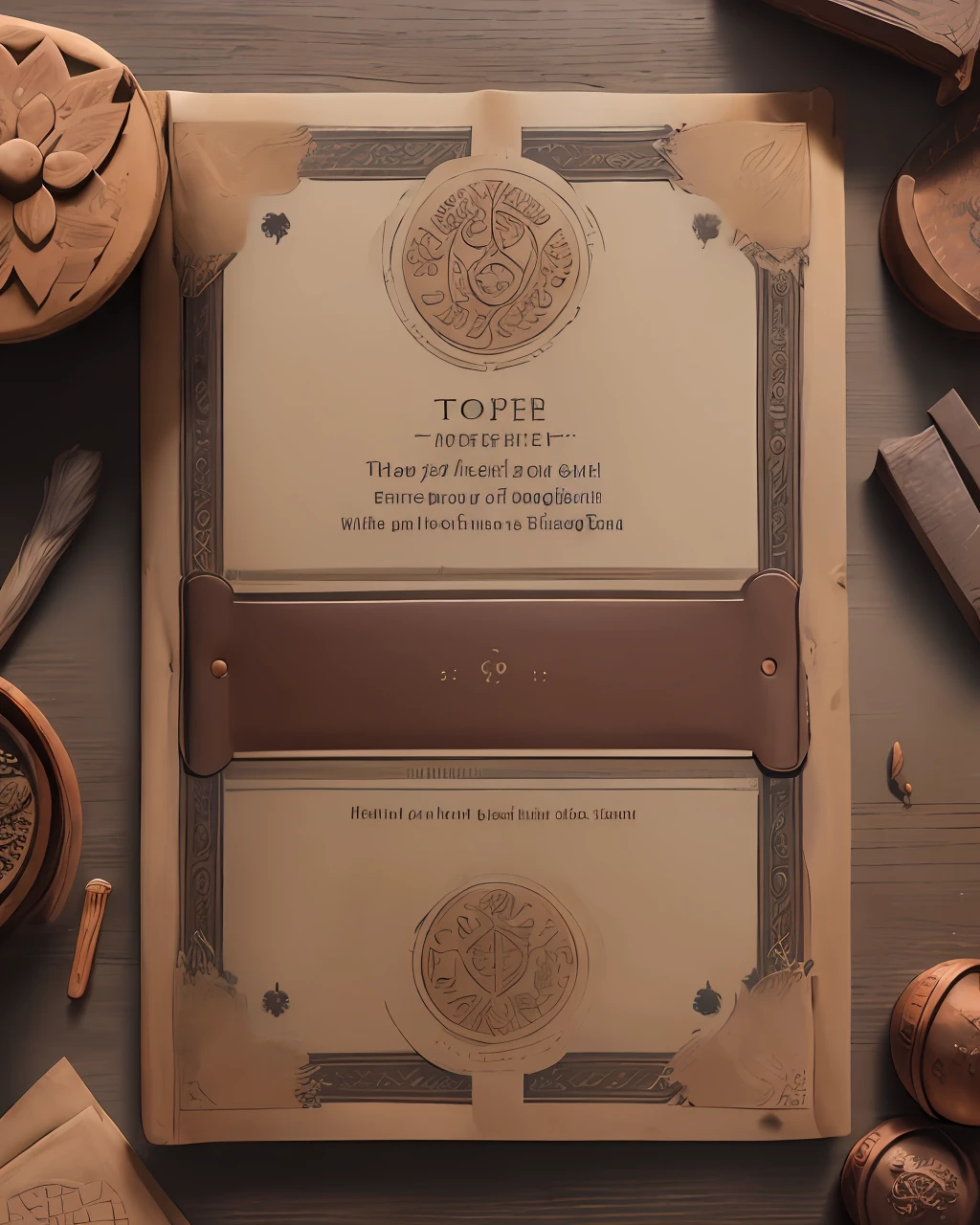 the front cover of an ancient medieval English codex, brown and grey and white and beige scruffy leather, text in copper letters, tooling, copper furniture, herbal symbols, view from above, centred, extremely high details, scruffy:1.5, rough:1.5, stained:1.5, muted natural colours:1.5, fire damage