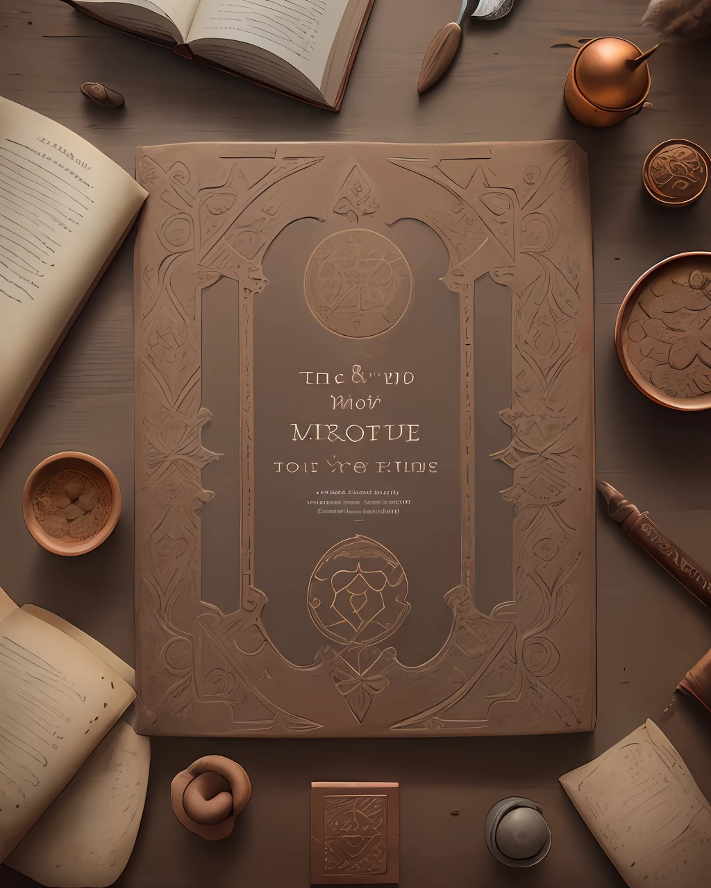 the front cover of an ancient medieval English codex, brown and grey and white and beige scruffy leather, text in copper letters, tooling, copper furniture, herbal symbols, view from above, centred, extremely high details, scruffy:1.5, rough:1.5, stained:1.5, muted natural colours:1.5, fire damage
