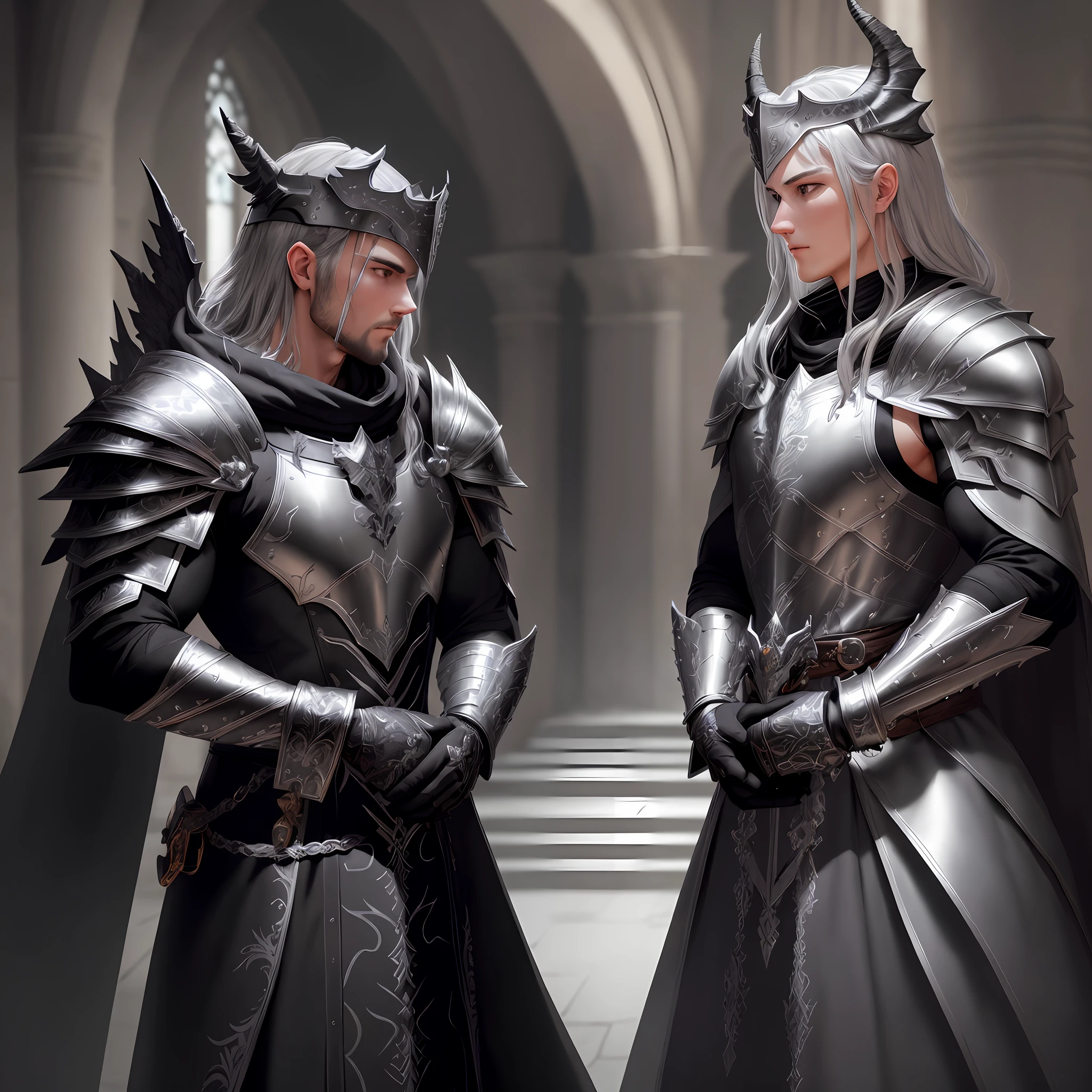 Dragon Lord with two extremely detailed swords, one in each hand, one longer than the other, an extremely detailed black steel dragon head helm on the shoulder with a closed visor, highly detailed black steel shoulder pads modeled after dragon heads with shimmering silver ornaments, a gray one lying on top Cloak featuring an ultra-highly detailed cloak, ultra-highly detailed ruffled gray dragon wings, insanely realistic graphics, insanely detailed detailing, ultra-realistic and highly detailed heavy black star armor with shiny, magnified shiny silver ornaments and and a gray tunic, extremely detailed heavy black steel gloves and boots with reinforced shiny silver Ornaments, the light is reflected on the ornaments, smoldering ash floats from torches from the left to the right corner of the arched aisles, when walking through the cathedral,