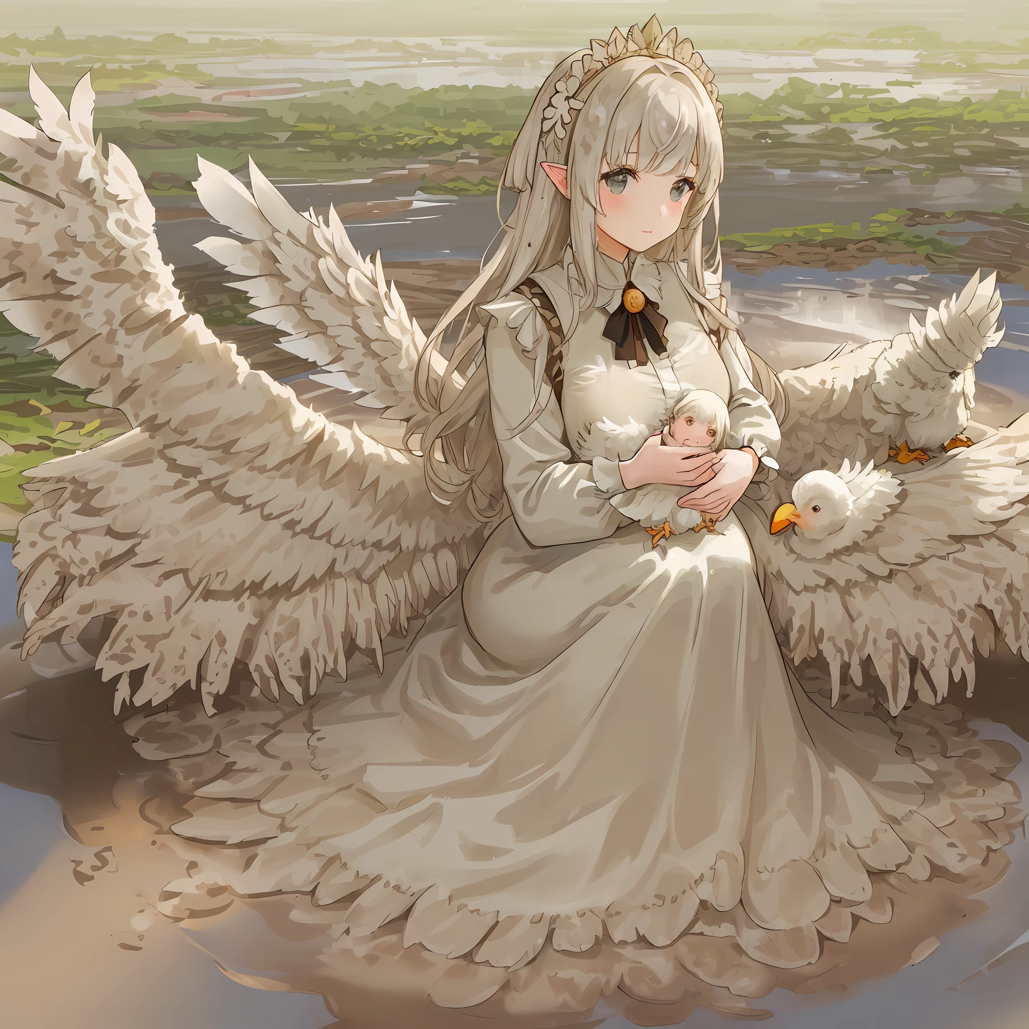((A beautiful girl with large feathered wings)), holding, ((adorable baby chicks)), in ((muddy and soft terrain))