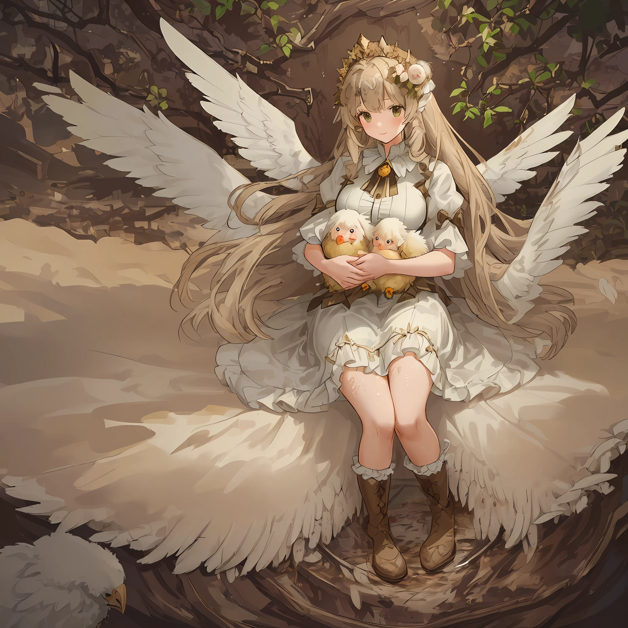 ((A beautiful girl with large feathered wings)), holding, ((adorable baby chicks)), in ((muddy and soft terrain))