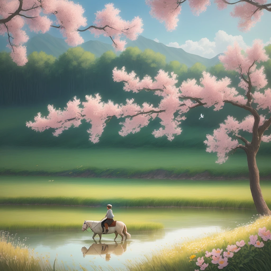 A shepherd boy rides on the back of a buffalo and plays the flute. In the center of the background is a green field, with ears of wheat swaying in the wind and straws tanned golden. In front of the field is a clear brook with gurgling water and small ripples when the breeze blows by, and the green grass by the river dances with the wind. On the left side of the field, there is a tall willow tree with branches hanging down, brushing gently across the water. Under the willow tree, a few birds were singing happily, and a red butterfly was dancing among the flowers. On the right side of the field, there is a fruit forest full of flowers, pink, white and pale yellow flowers compete on the branches, attracting bees and butterflies. The sky is blue, with occasional fluffy white clouds drifting by. The scorching sun hangs high, but when the breeze blows, it brings a touch of coolness and gives people a comfortable feeling. This is the Lixia picture I drew for you, I hope you like it! authentic style,